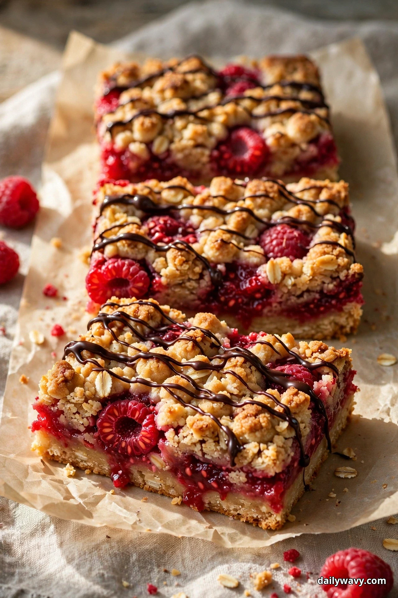 Raspberry crumble bars drizzled with thin lines of dark chocolate rest in a row on crumpled parchment