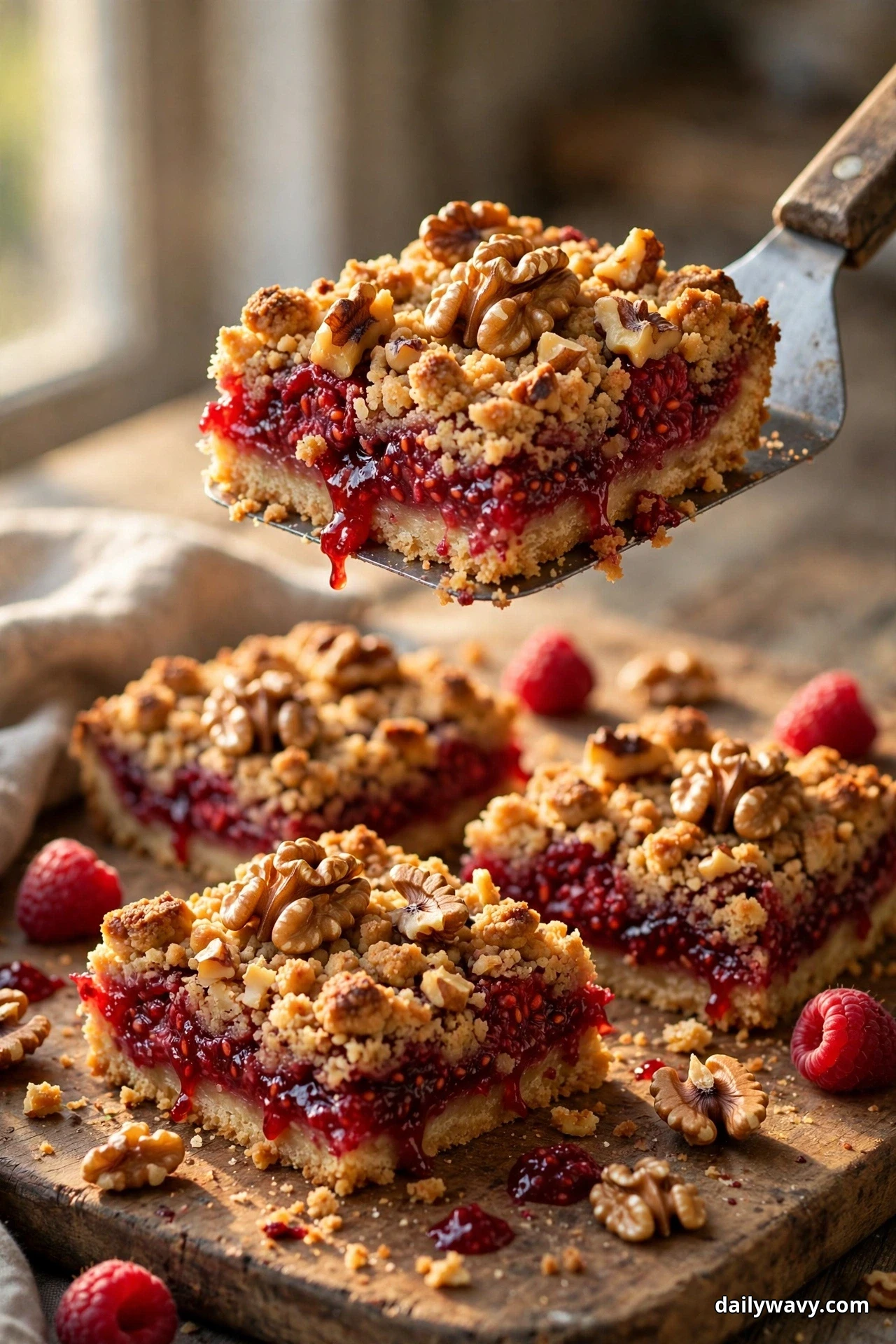 Raspberry crumble bars topped with toasted walnut halves rest on a wooden board, one bar lifted on a serving spatula