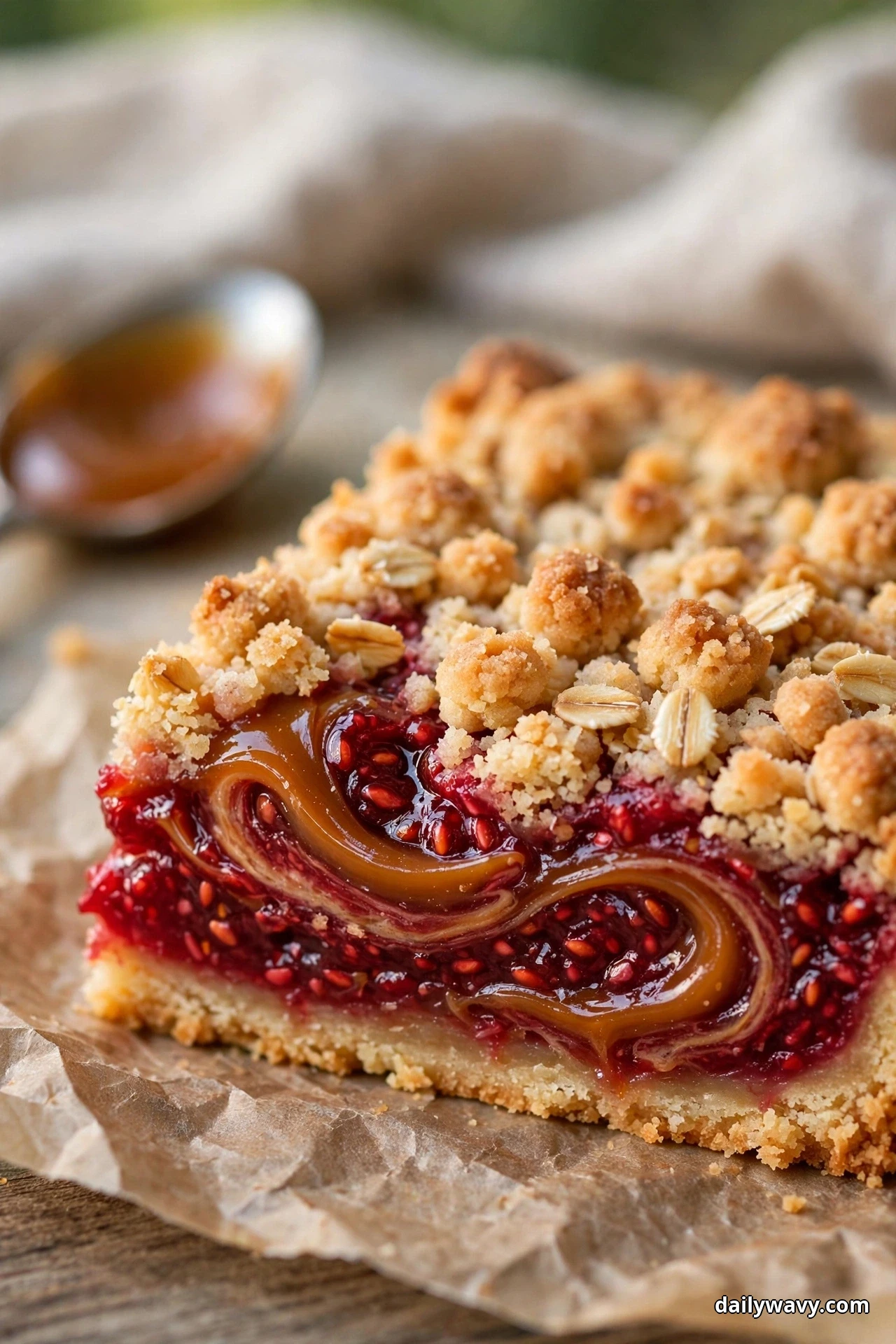 A close view shows a raspberry crumble bar with a thick amber caramel ribbon swirled through the jammy filling under the oat crumble