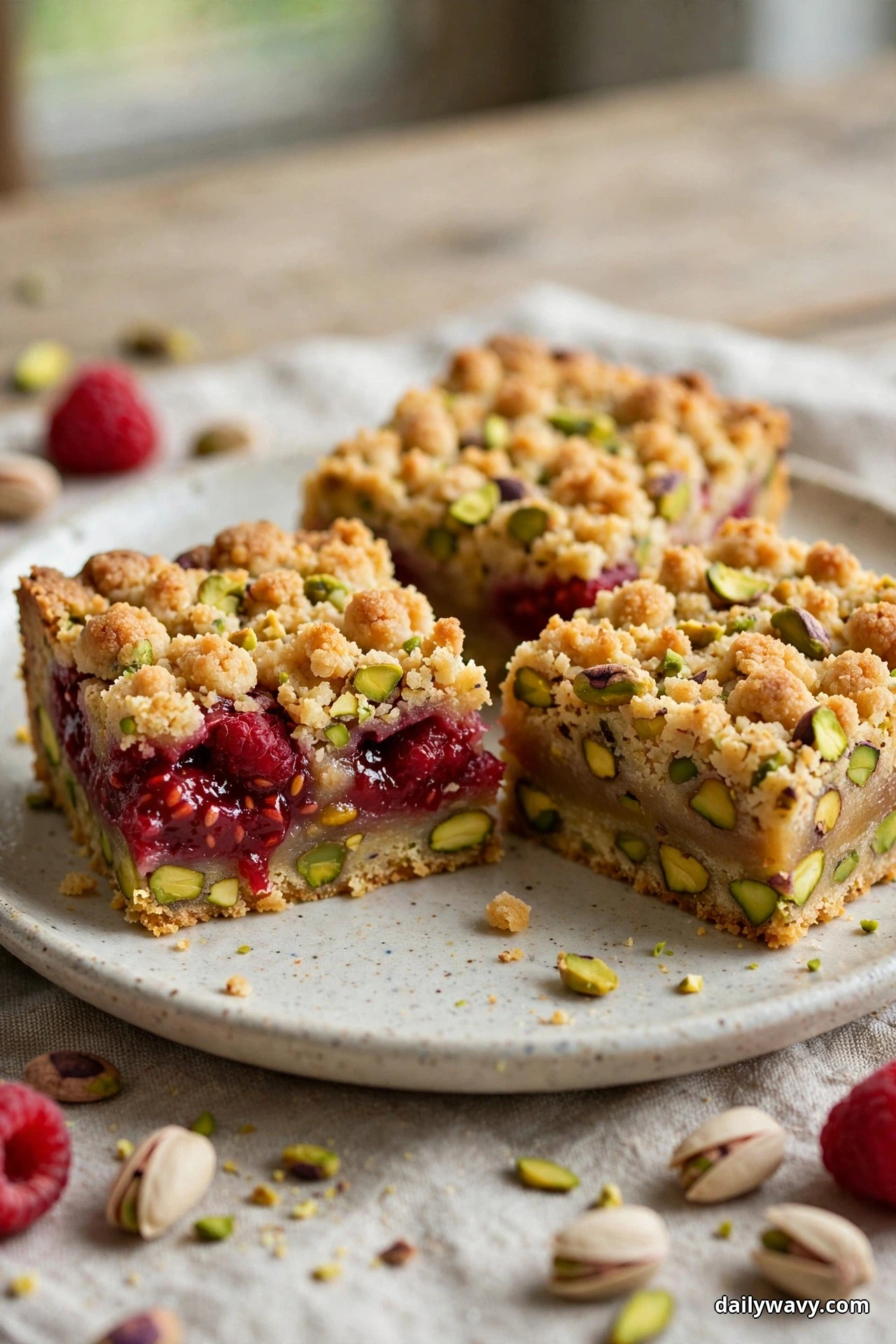 Raspberry crumble bars with green pistachio pieces showing in the crust sit on a speckled plate, their cut sides revealing the layered filling