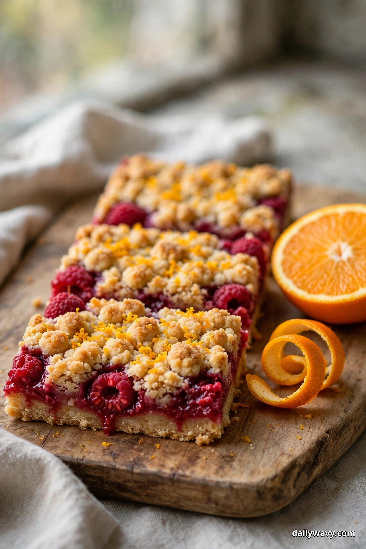 Raspberry crumble bars dusted with orange zest line a wooden board beside a halved orange and a curl of peel