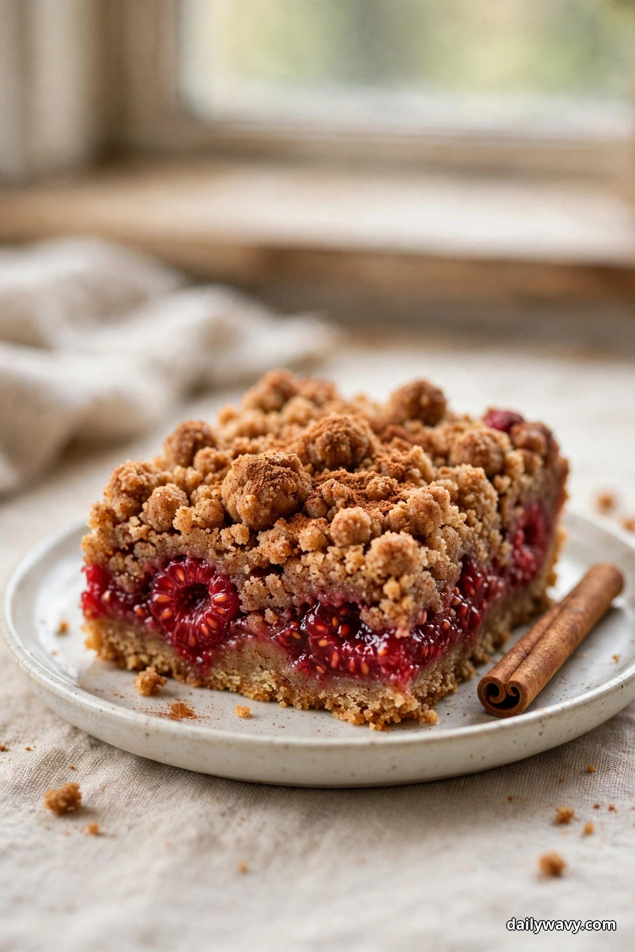 A raspberry crumble bar with a chunky cinnamon-dusted streusel sits on a small plate beside a cinnamon stick