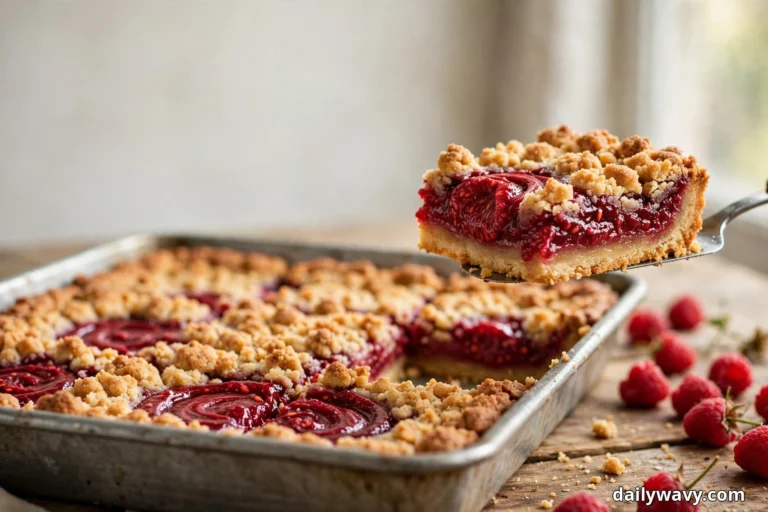 A wide view shows a metal pan of raspberry crumble bars with swirled ripple filling, one slice lifted on a spatula to reveal the shortbread base and jammy layers