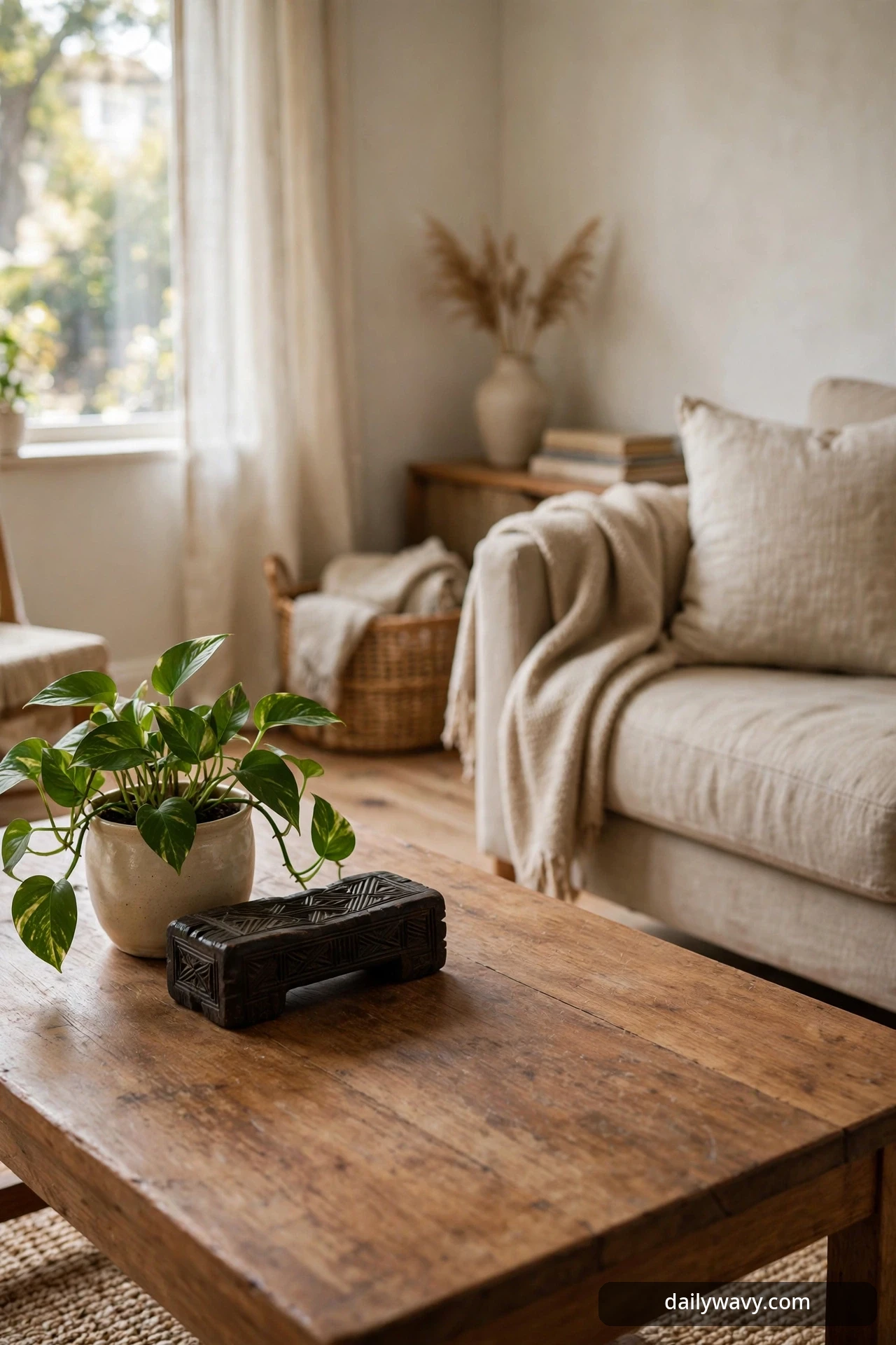 Small potted plant beside a dark sculptural wooden object on a rectangular coffee table