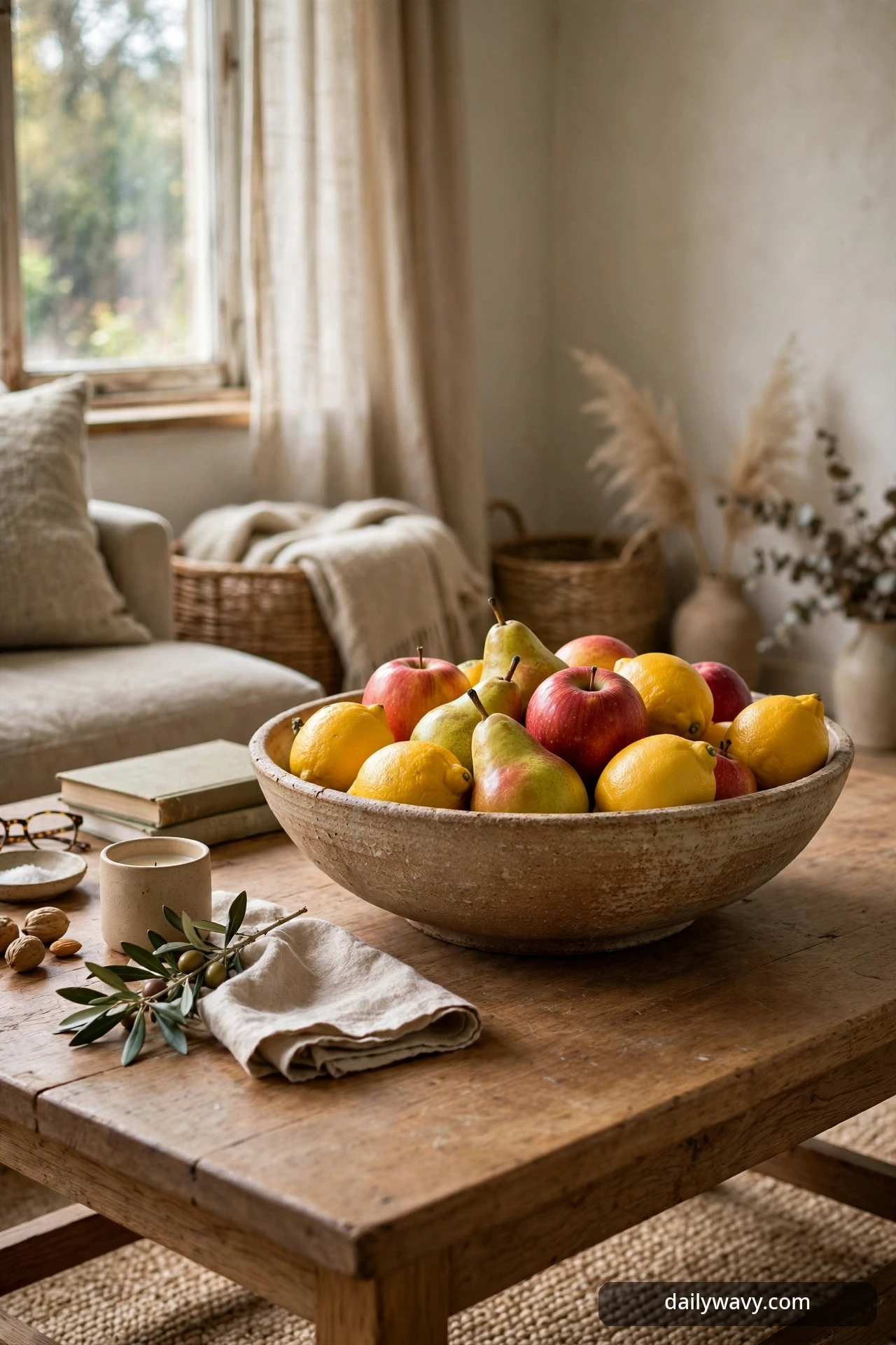 Shallow ceramic bowl filled with seasonal fruit on a rectangular coffee table