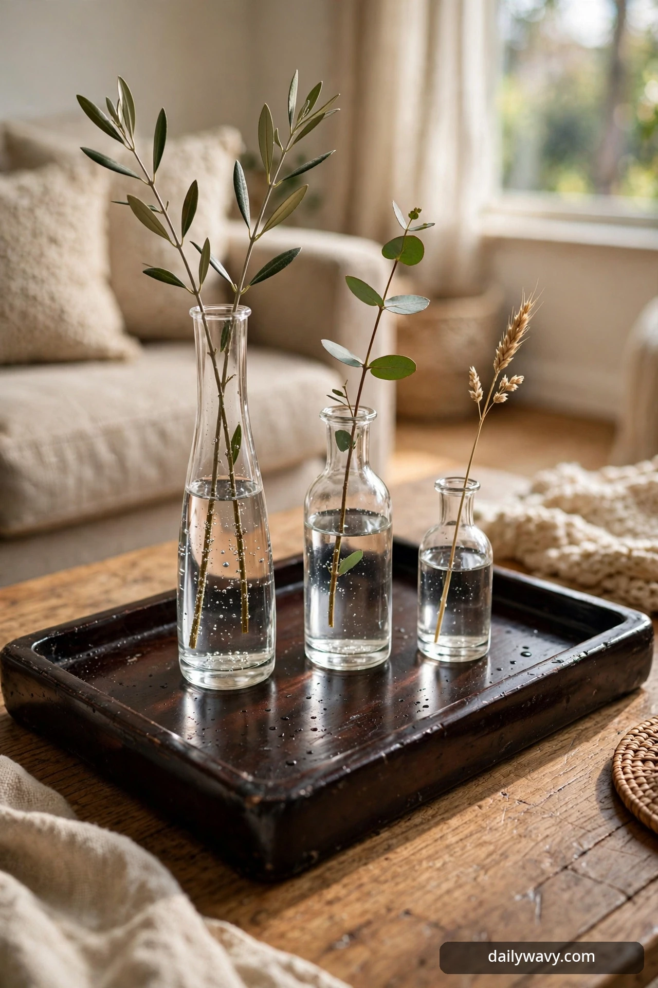 Dark wooden tray with three clear glass bud vases holding single stems
