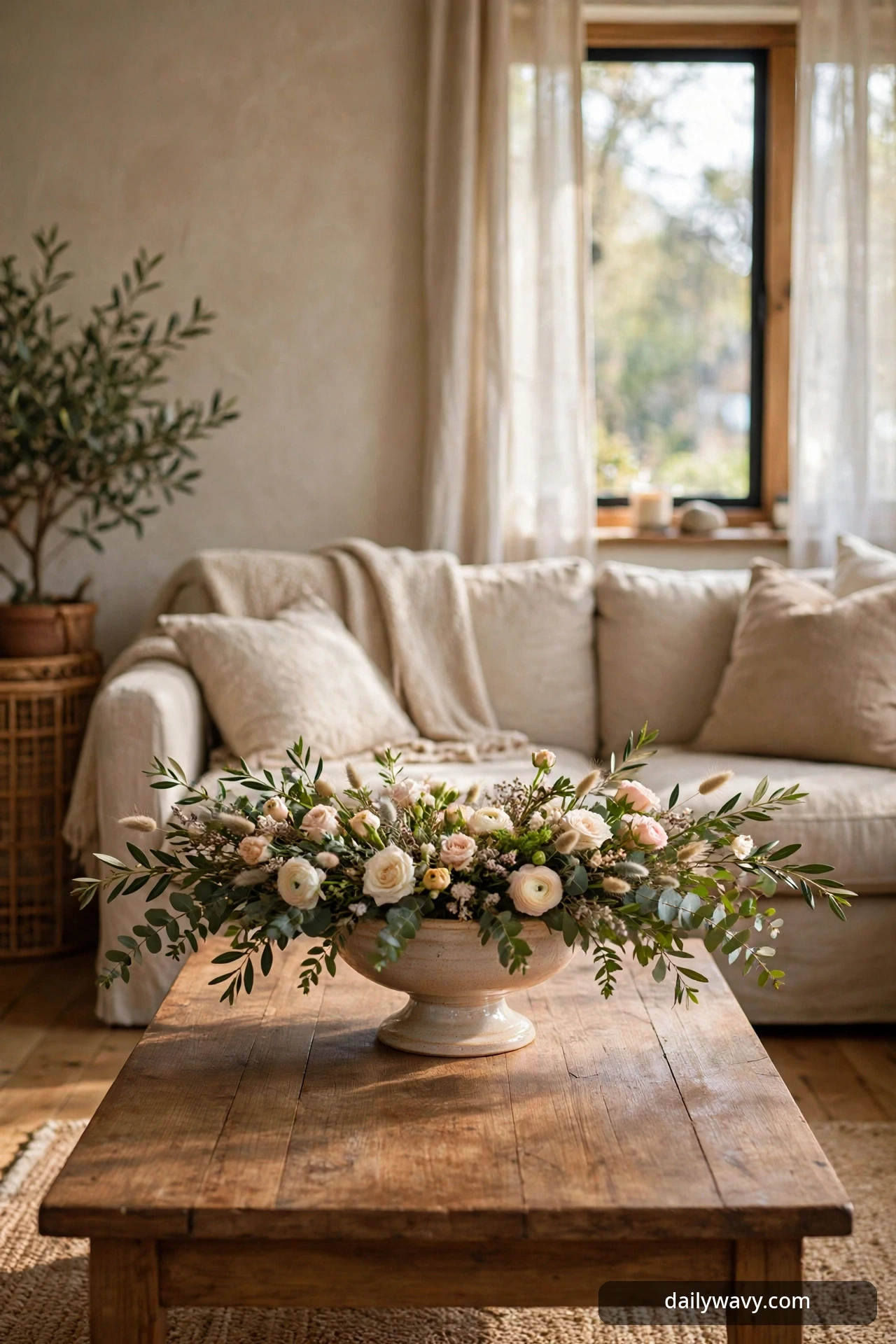 Wide low floral arrangement in a footed bowl on a rectangular coffee table
