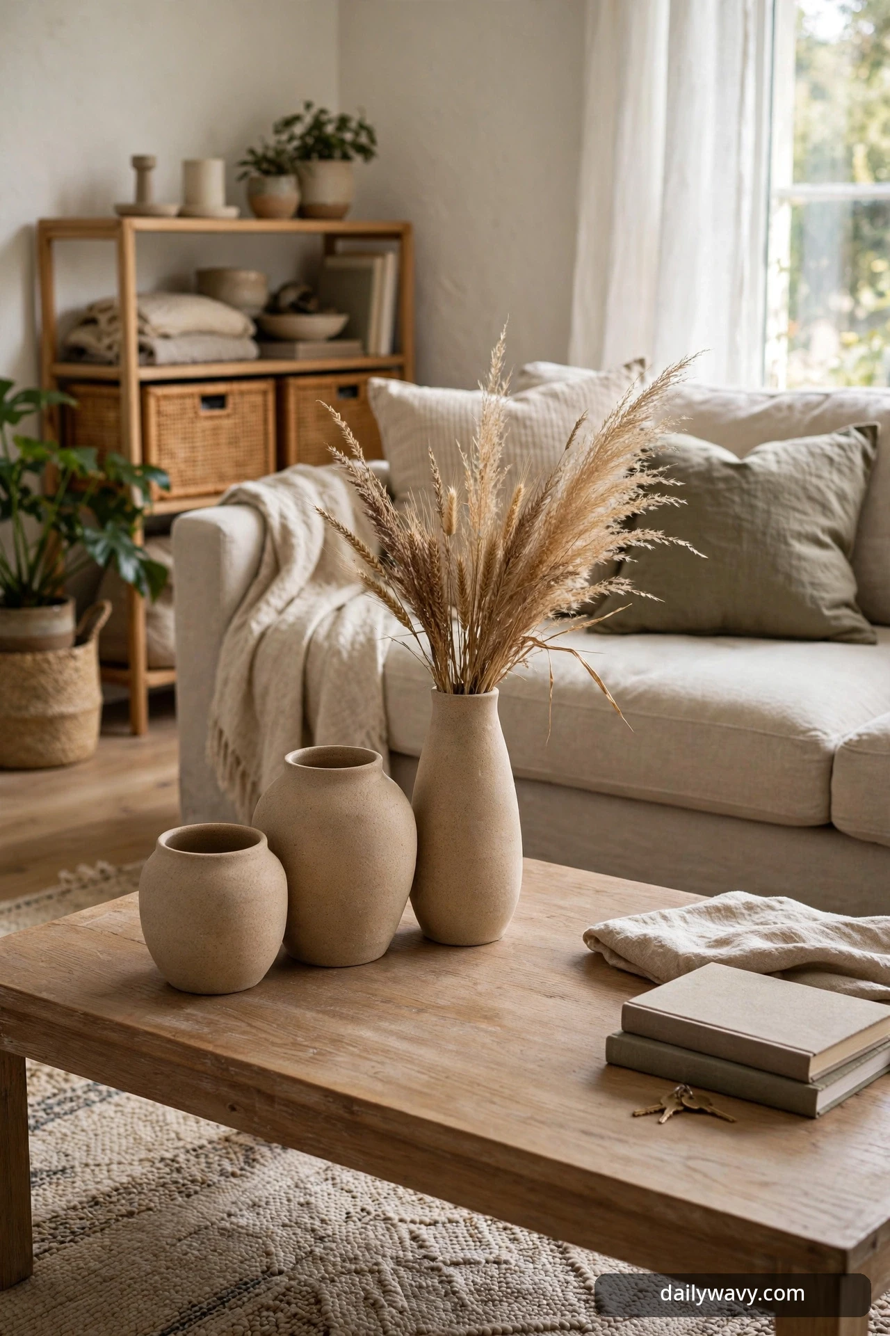 Three ceramic vessels of varied heights clustered on one side of a coffee table