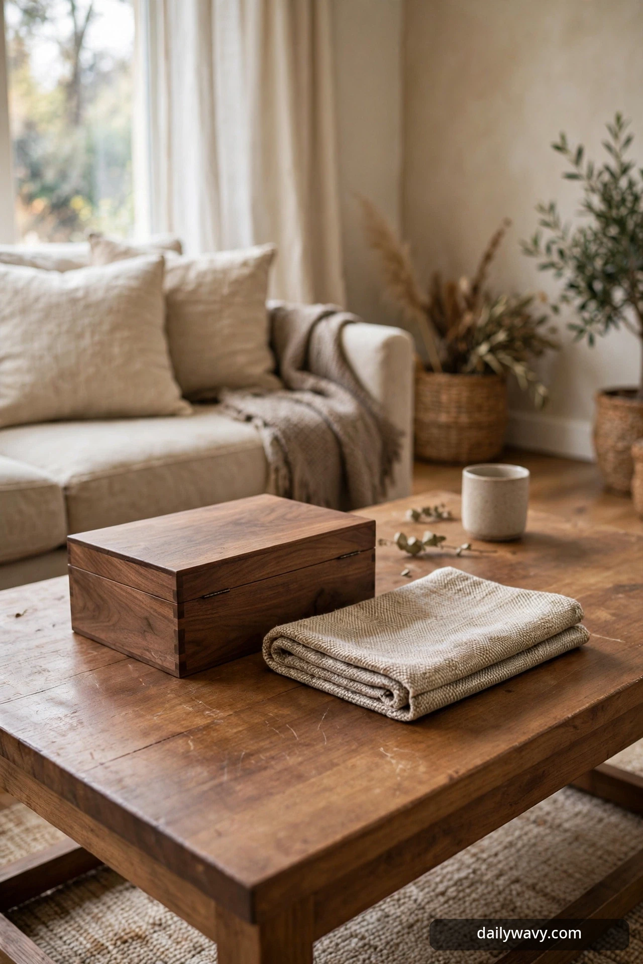 Wooden box beside a folded textile on a rectangular coffee table