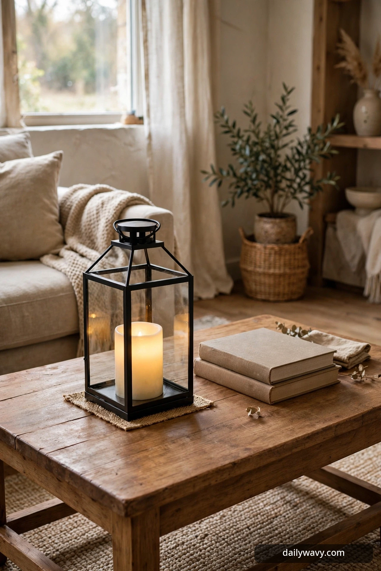 Lantern with a flameless candle beside stacked books on a coffee table