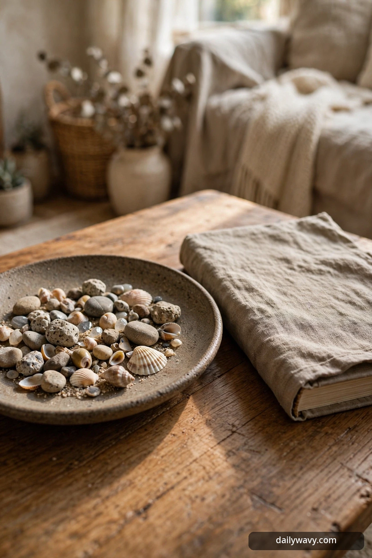 Plate of collected stones beside a cloth-covered book on a coffee table