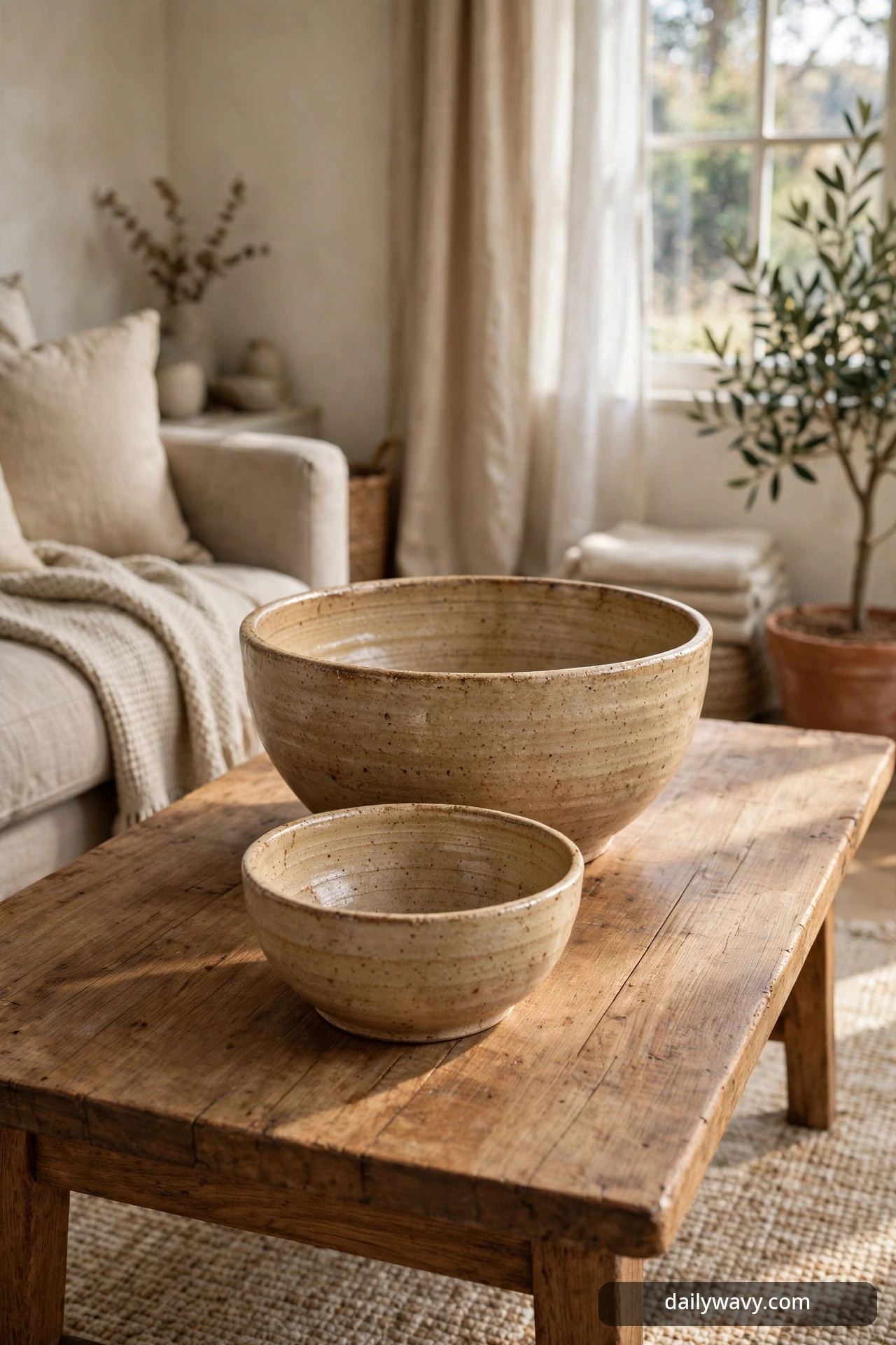 Pair of mismatched handmade ceramic bowls on a rectangular coffee table