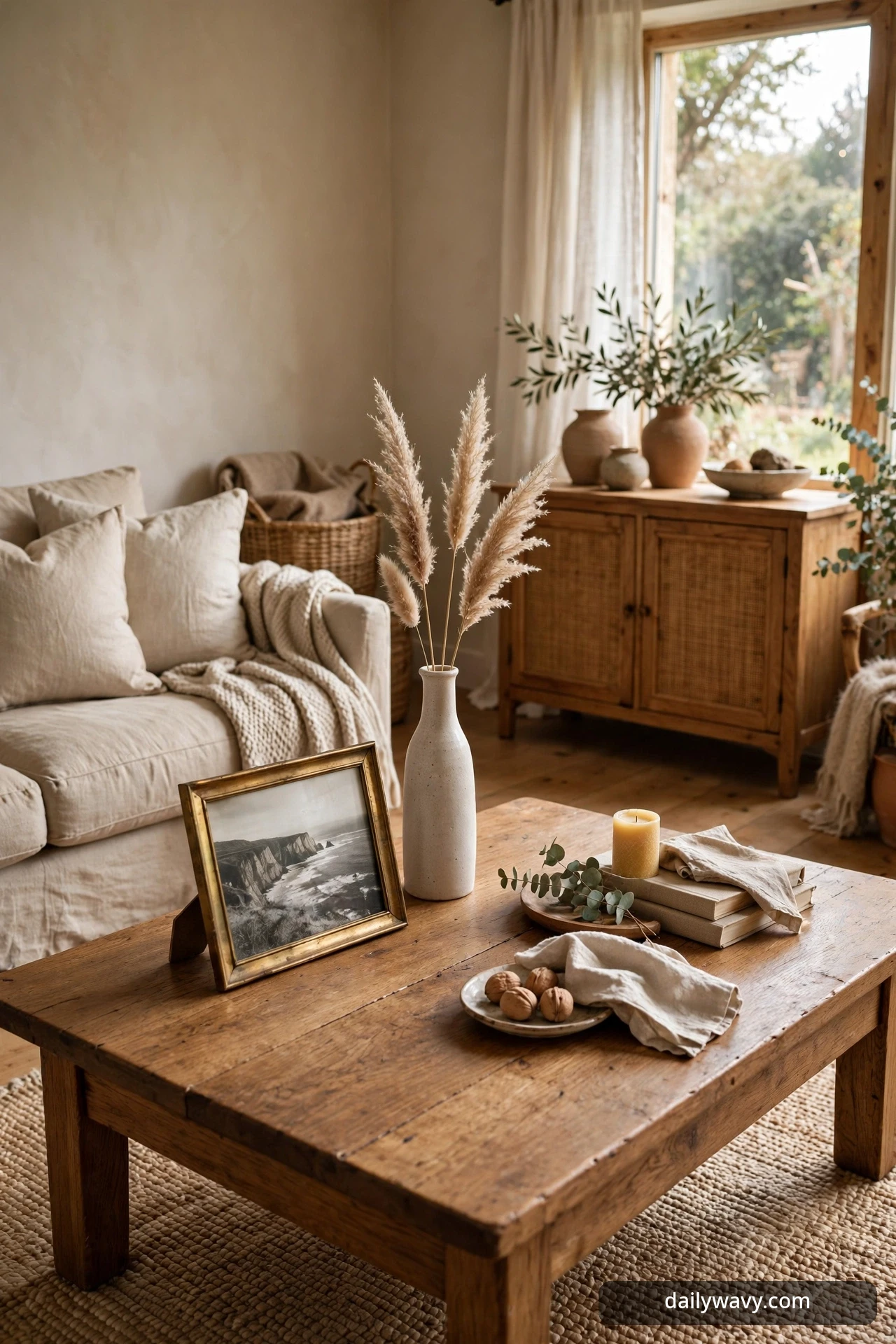 Small framed photograph standing beside a ceramic vase on a coffee table