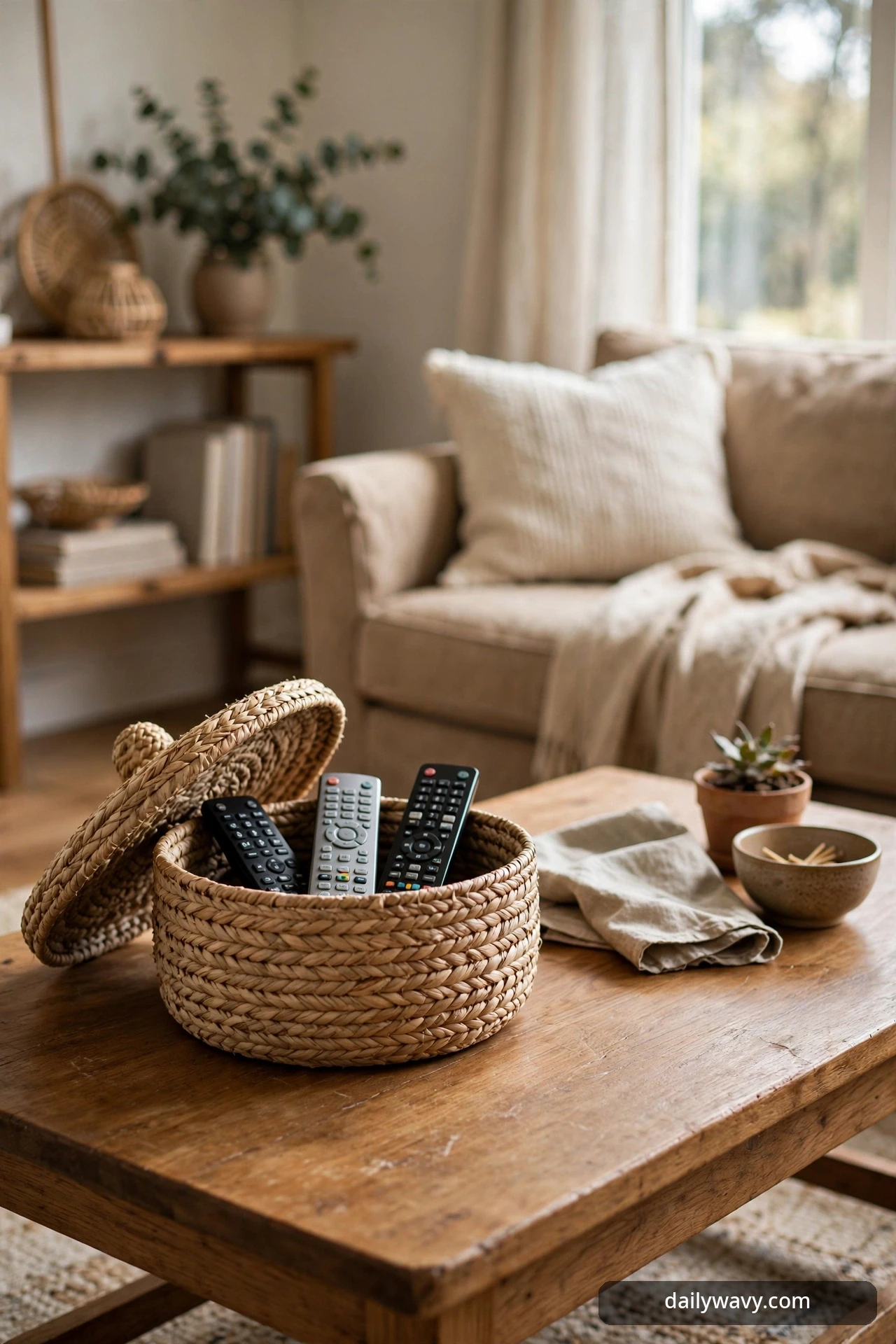 Lidded woven basket for remotes at the end of a rectangular coffee table