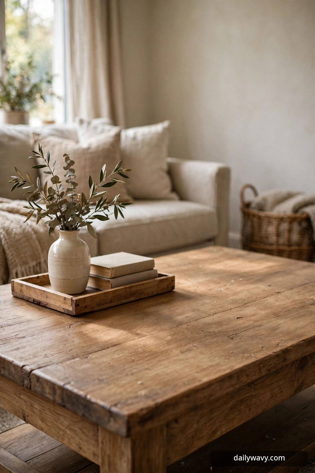 Styling clustered at one end of a coffee table with clear serving space beside it