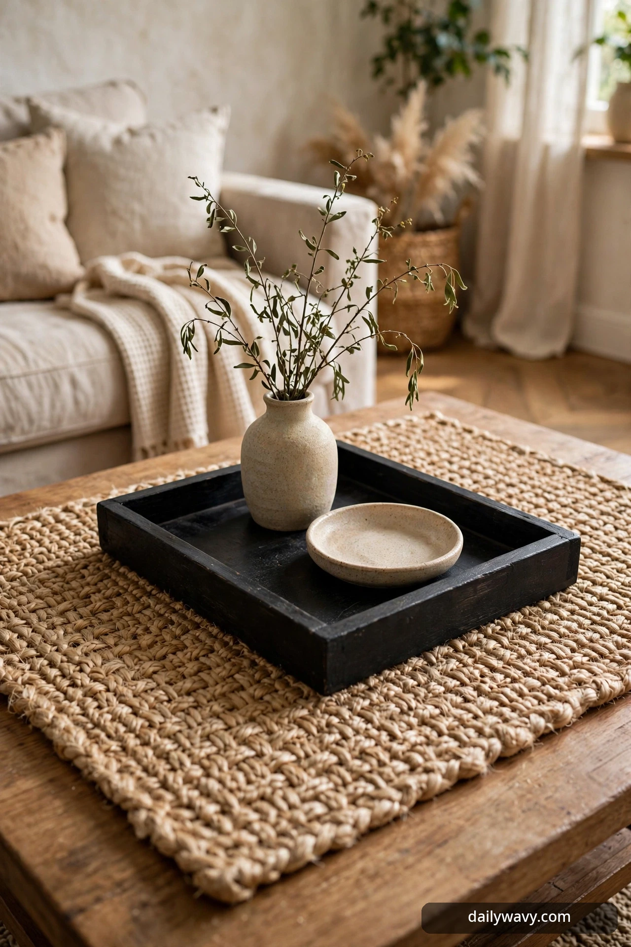 Woven mat layered beneath a tray on a rectangular coffee table