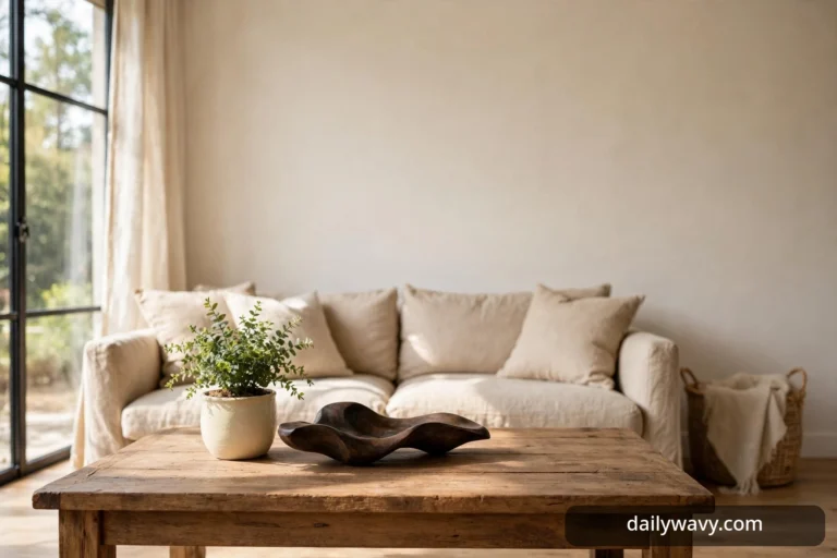 A rectangular wooden coffee table styled with a small potted plant and a dark sculptural object in a warm neutral living room