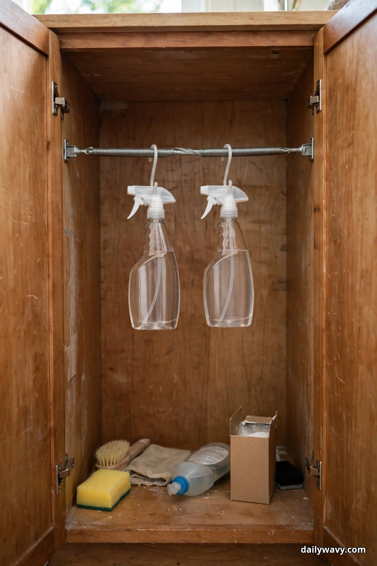 Two clear spray bottles hang by their triggers from a spring tension rod inside an open wood vanity cabinet, with a sponge, a scrub brush, a cloth and cleaning bottles on the cabinet floor below
