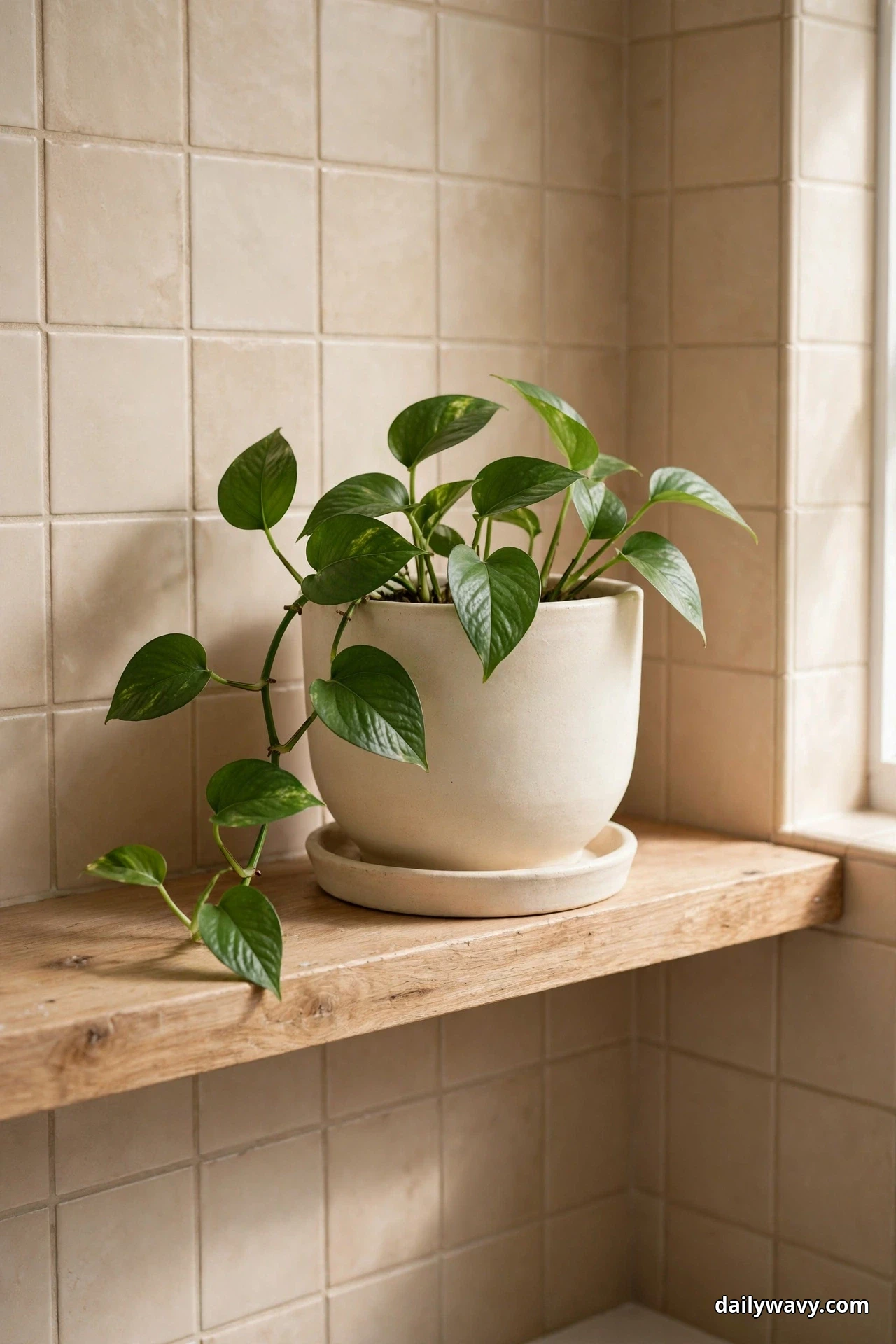 A pothos plant with trailing green vines sits in a wide cream ceramic pot on a matching saucer atop a wood shelf against a beige tiled bathroom wall