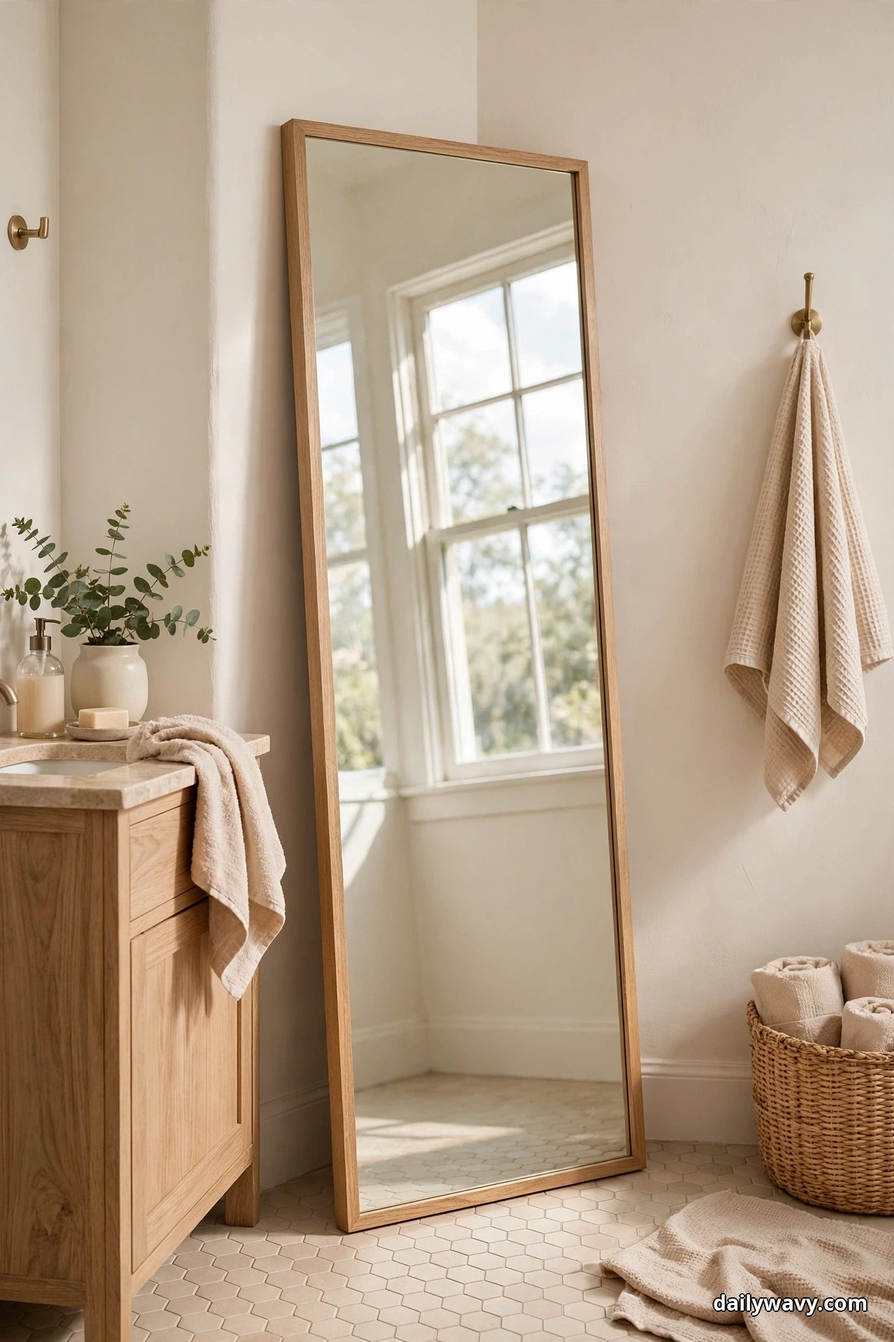 A tall full-length mirror in a slim light oak frame leans against a bathroom wall reflecting a bright window, beside an oak vanity with a potted eucalyptus and a woven basket of rolled towels