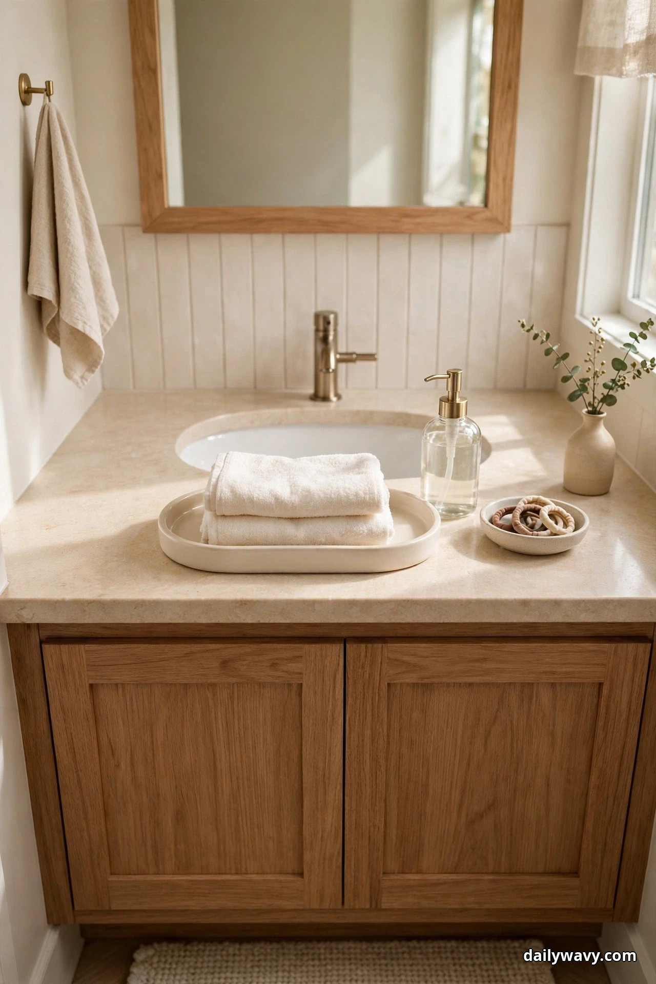 An oval cream tray on a stone vanity counter holds two folded white towels beside a clear soap dispenser with a brass pump, a small dish of hair ties and a stoneware bud vase with eucalyptus sprigs