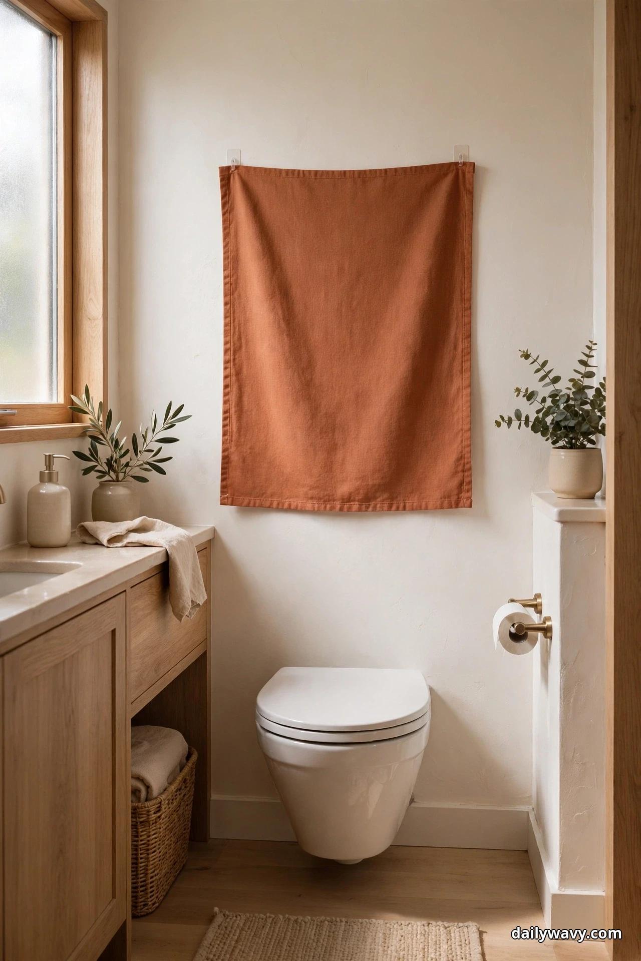 A rust orange fabric panel hangs from two clear adhesive hooks on the wall above a wall-mounted white toilet, between an oak vanity at the left and a potted eucalyptus on a half wall at the right
