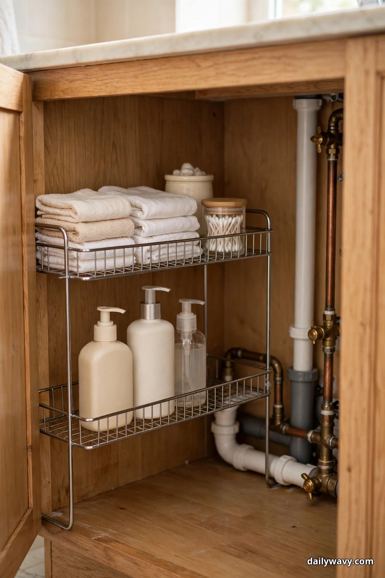 A freestanding two-tier chrome wire shelf inside an open oak vanity cabinet holds folded towels, a ceramic crock and a glass jar of cotton swabs above three pump bottles, with the sink plumbing visible at the right