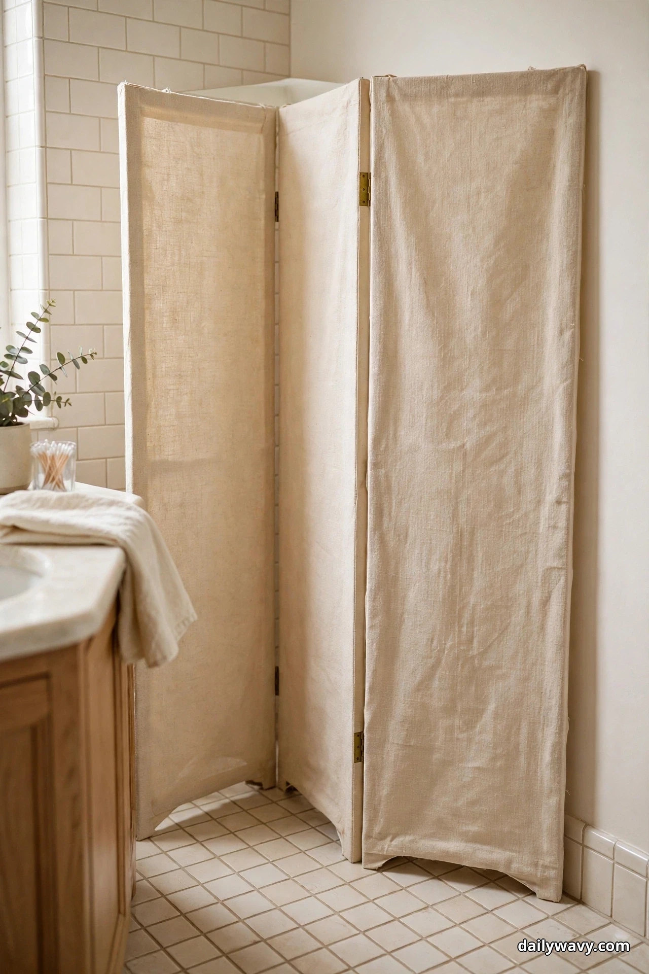 A three-panel folding screen in natural beige canvas stands in the corner of a tiled bathroom beside an oak vanity with a folded towel and a glass of cotton swabs
