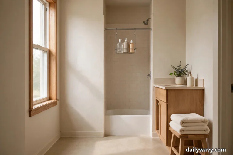 A wide view shows a small cream bathroom with a tension rod and a hanging wire caddy of pump bottles across the beige tiled tub alcove, a wood-trimmed window at the left and a light oak vanity with a potted plant and folded towels on a stool at the right