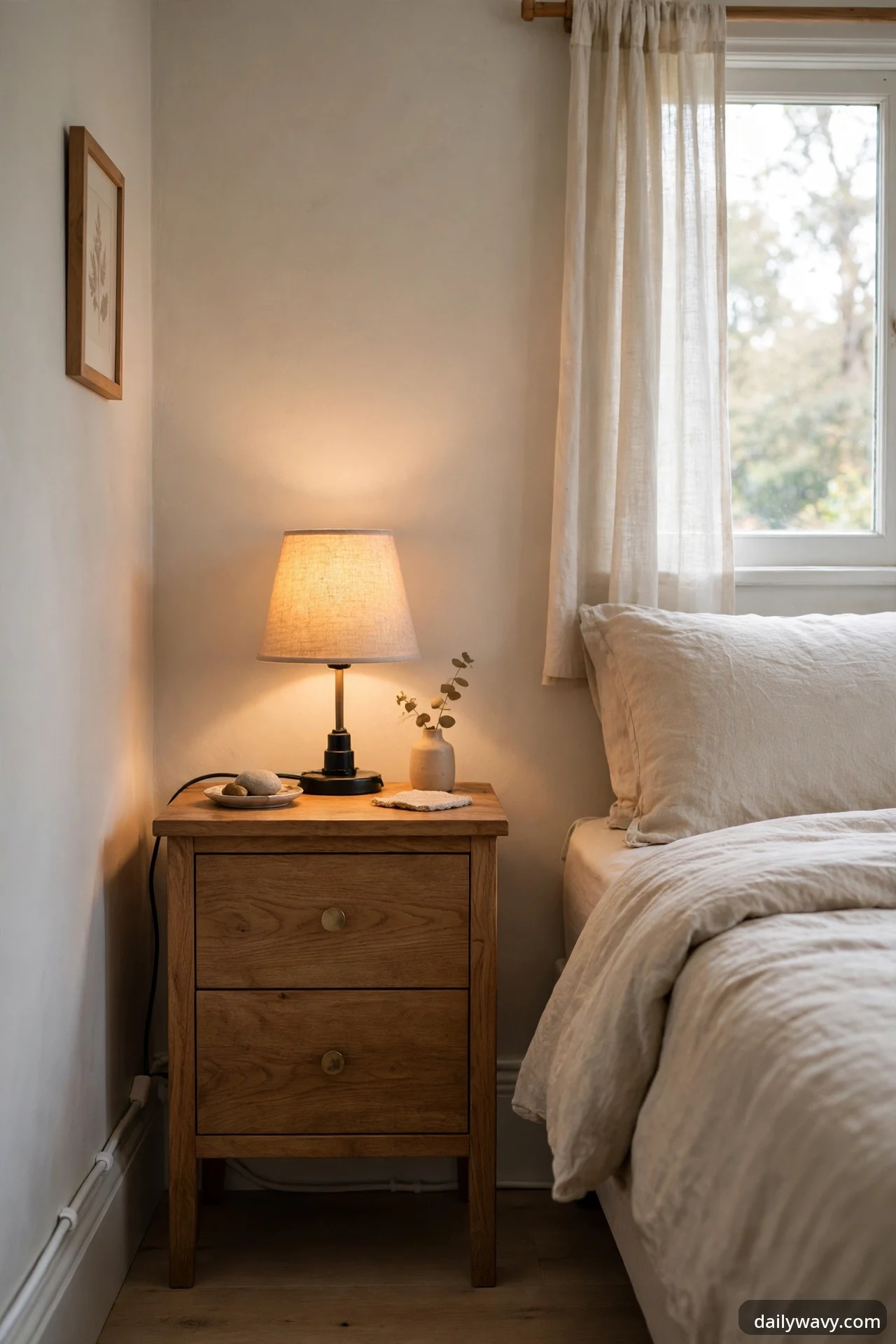 Close-up of a compact plug-in table lamp with a glowing woven wicker shade on a wooden nightstand beside a bed, styled with a small bud vase, a dish of stones, and a sheer curtain at the window.