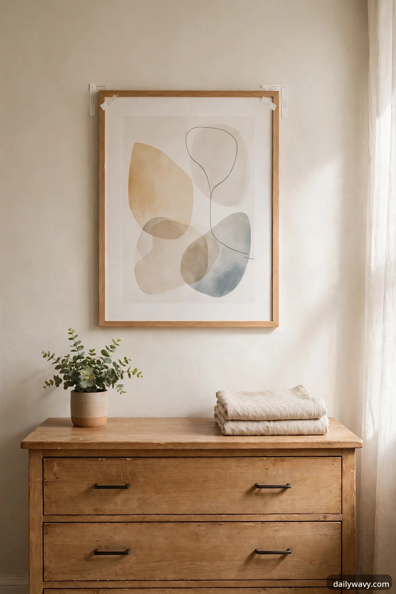 A large framed abstract print in ochre, beige, and gray-blue tones hung with removable adhesive strips above a wooden dresser, styled with a potted eucalyptus plant and folded neutral linens.