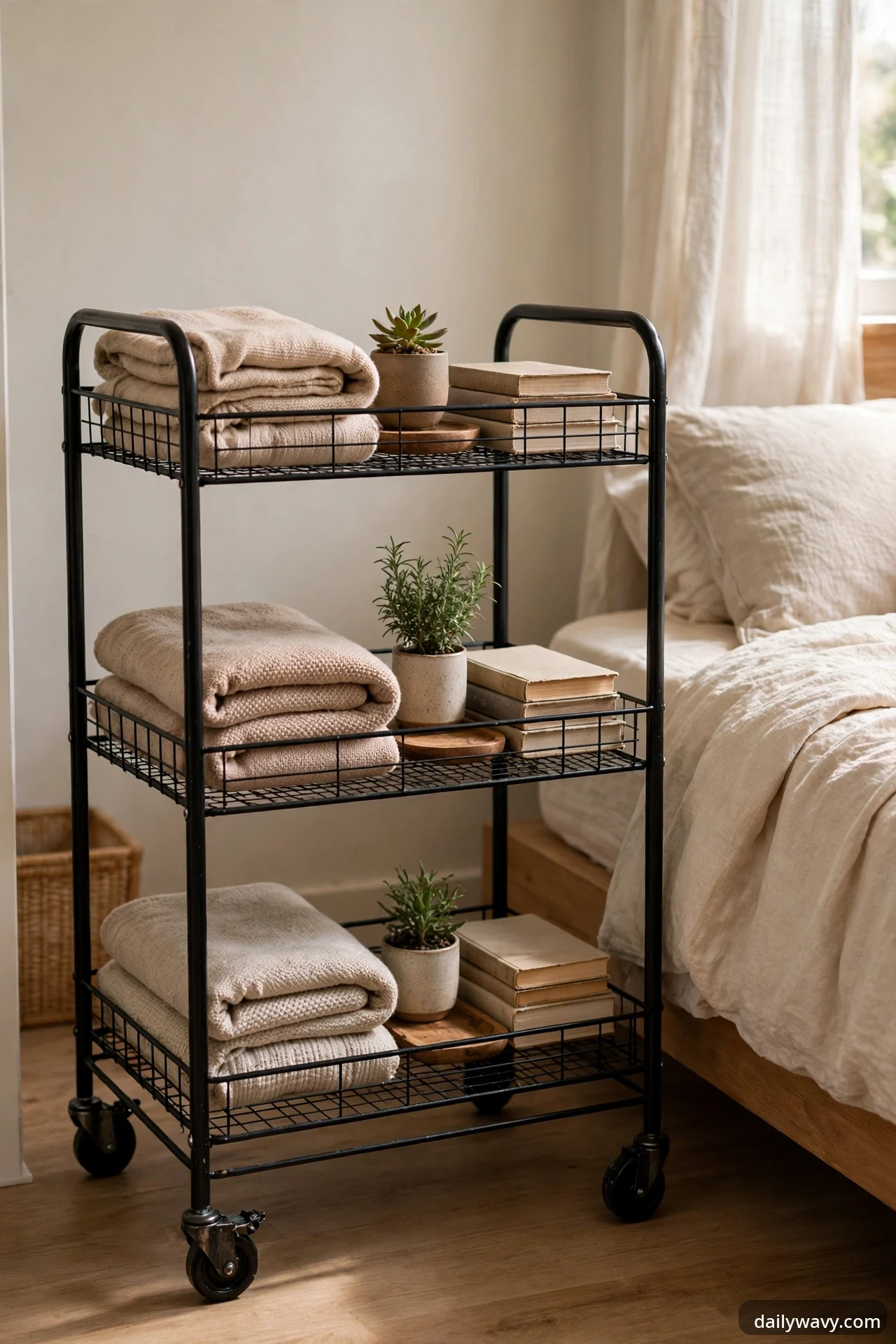 A black three-tier rolling metal utility cart holding folded beige linens, small potted succulents, and stacked books, parked beside a bed in a rental bedroom.