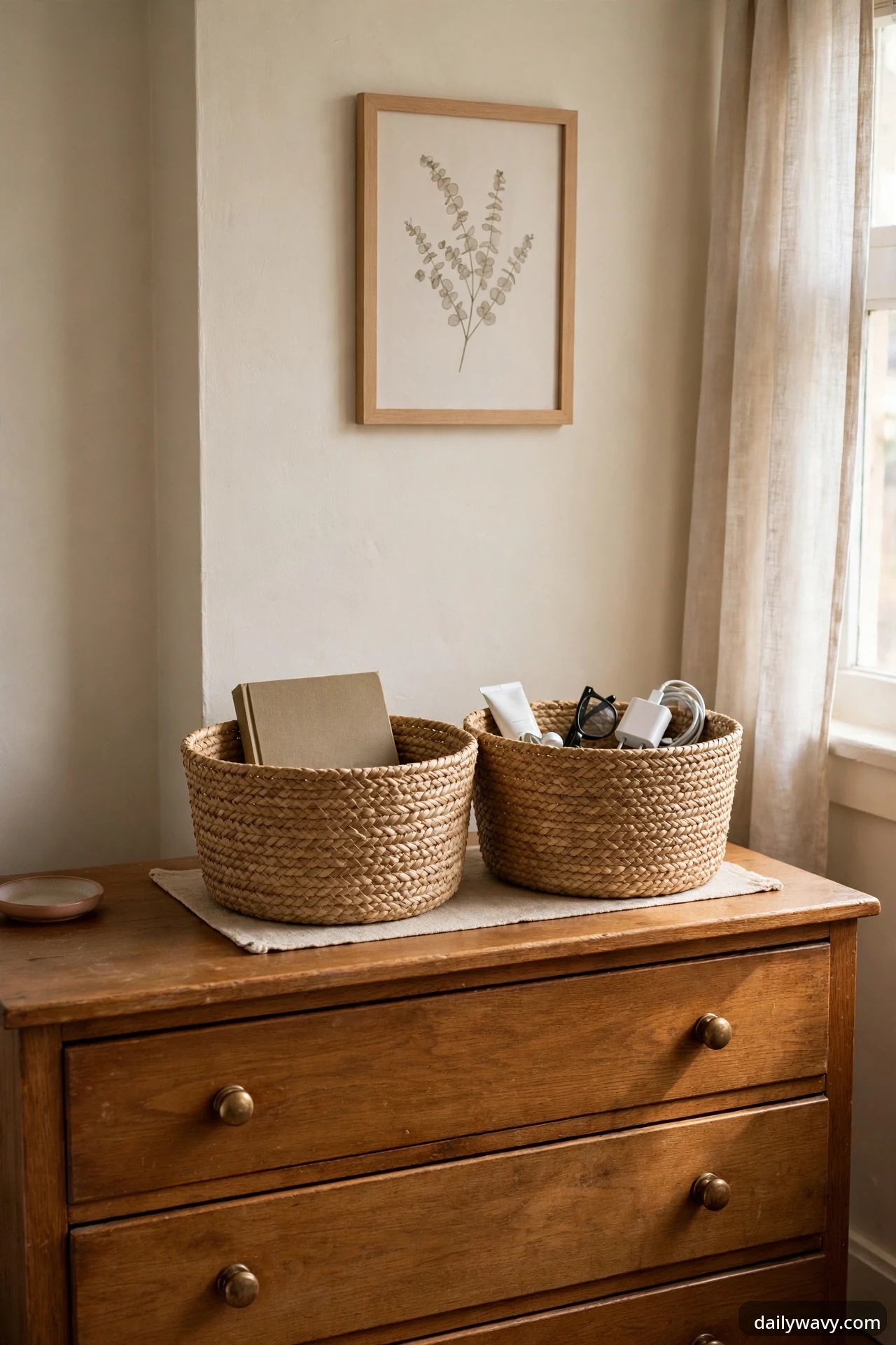 Two woven seagrass baskets on a wooden dresser holding a book, eyeglasses, a phone charger, and a tube of lotion, under a framed eucalyptus print beside a window.