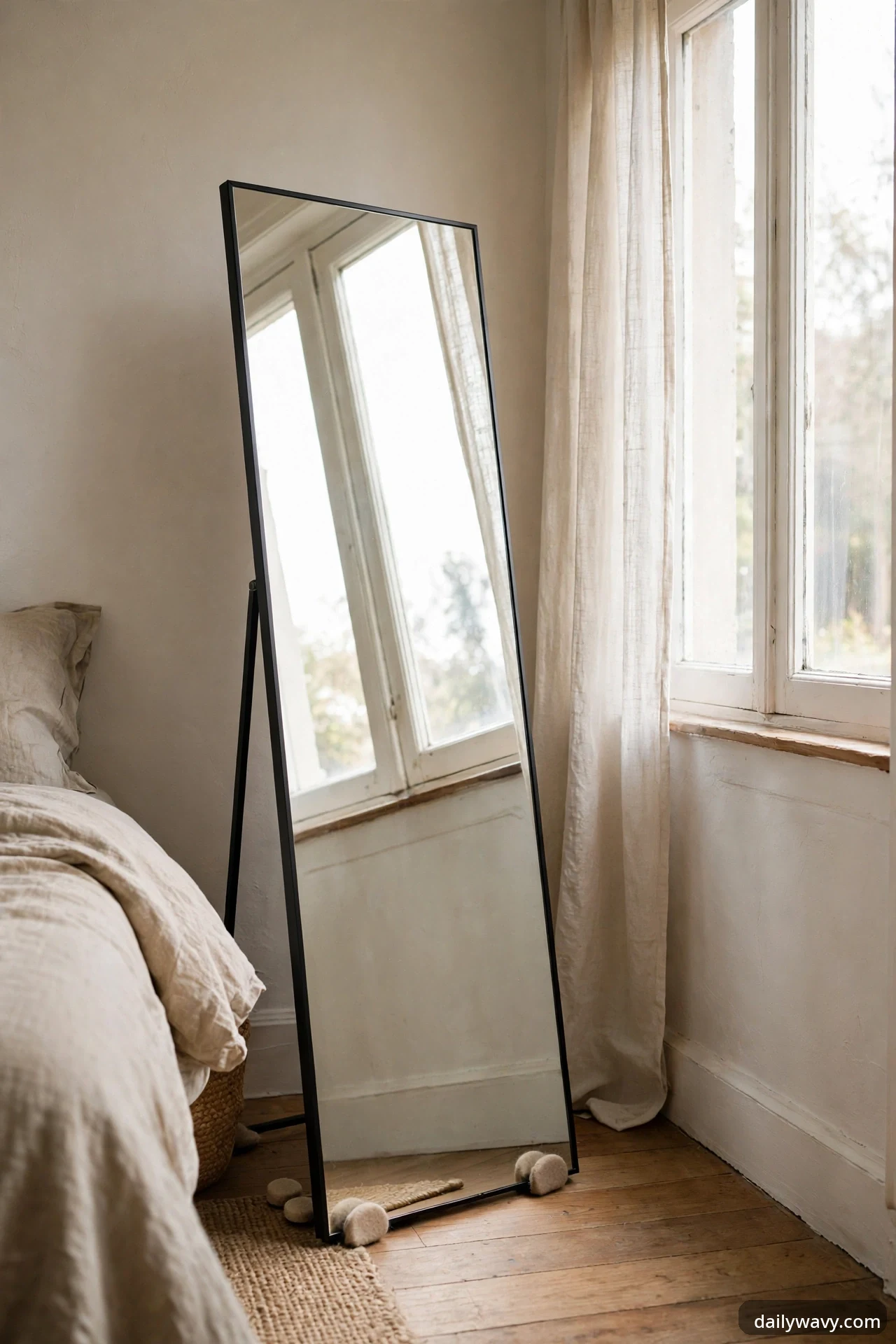 A tall full-length mirror with a slim black frame leaning beside a bedroom window and reflecting daylight, with small felt pads wedged at its base on the wood floor.