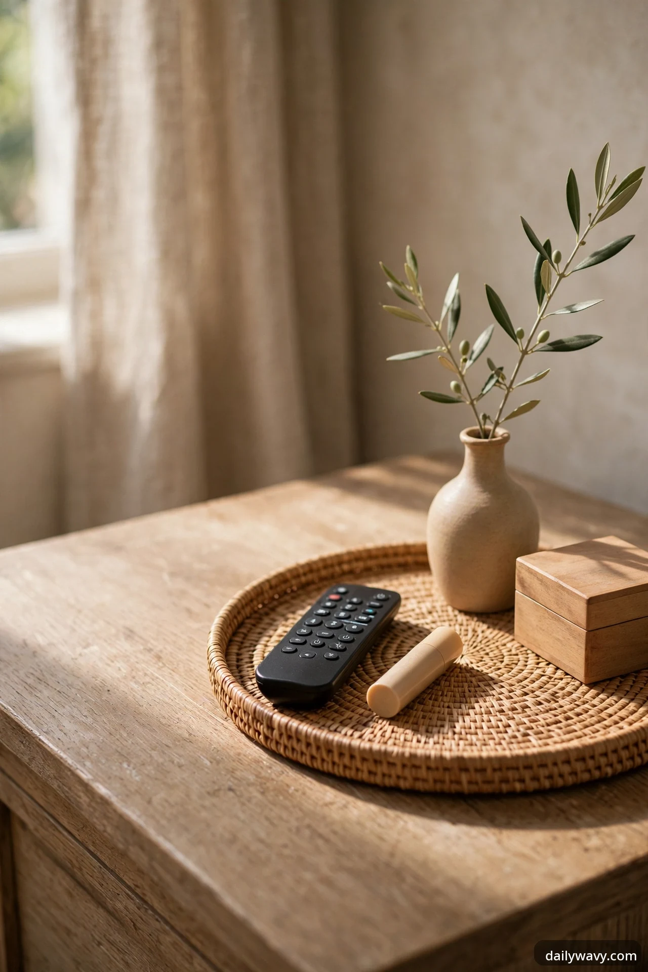 A round woven rattan tray on a wooden nightstand holding a remote control, a lip balm tube, a bud vase with olive sprigs, and a small lidded wooden box.