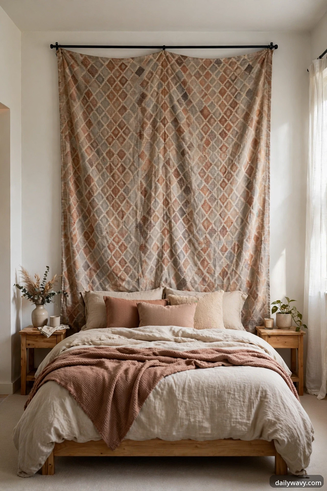 A large terracotta and gray diamond-pattern fabric panel hung on a black curtain rod behind a bed as a renter-friendly headboard, with rust and cream pillows in front.
