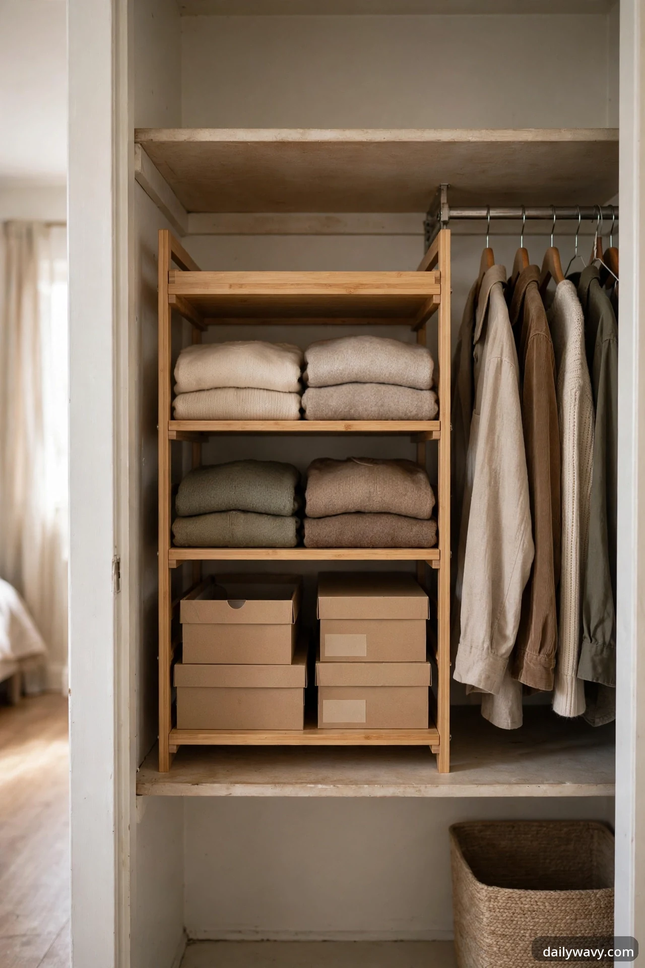 A freestanding wooden shelf insert inside a rental closet holding neatly folded neutral knitwear and stacked kraft storage boxes beside clothes on hangers.