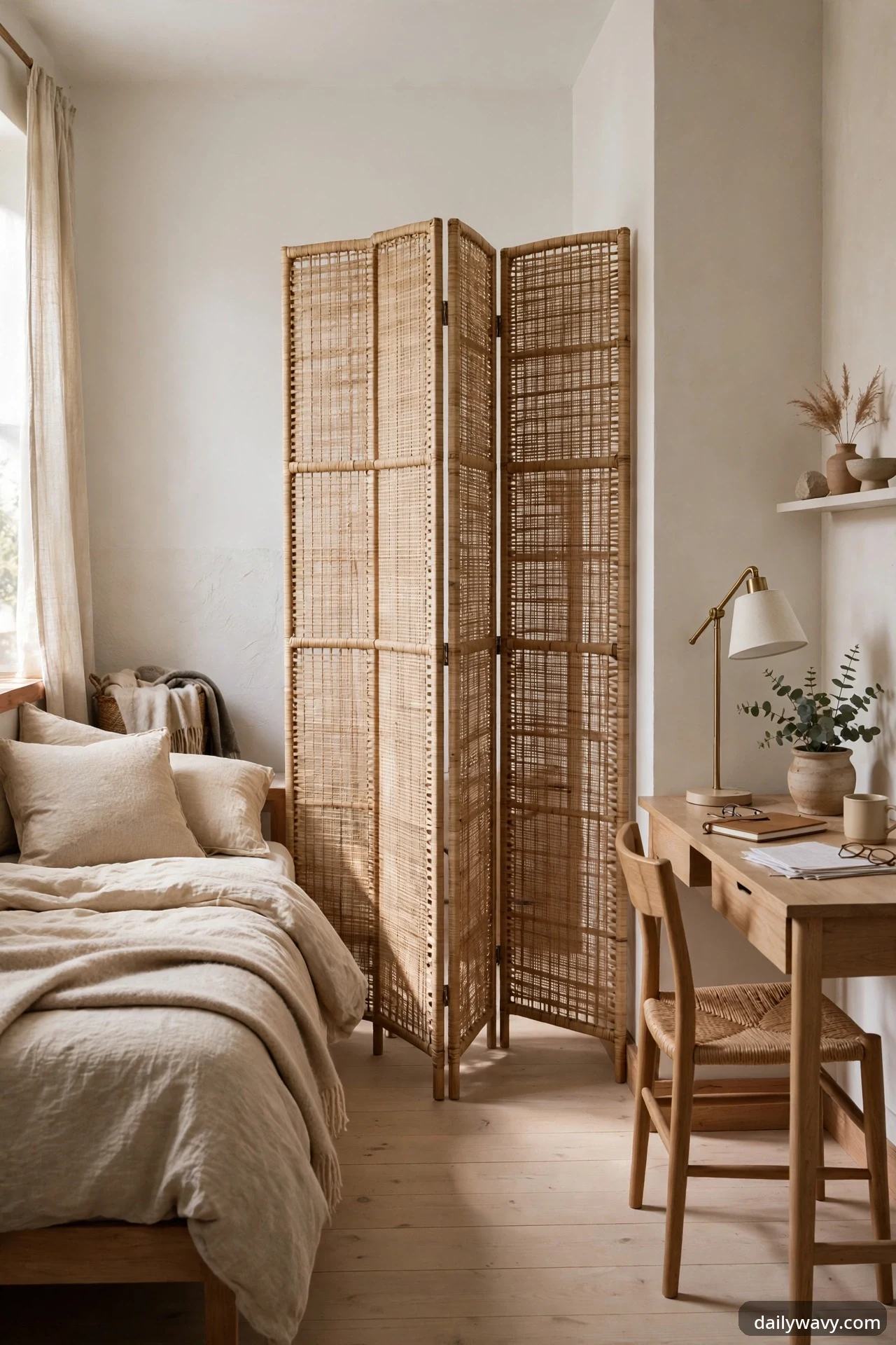 A three-panel woven rattan folding room divider standing between a bed and a small wooden desk area in a rental bedroom.