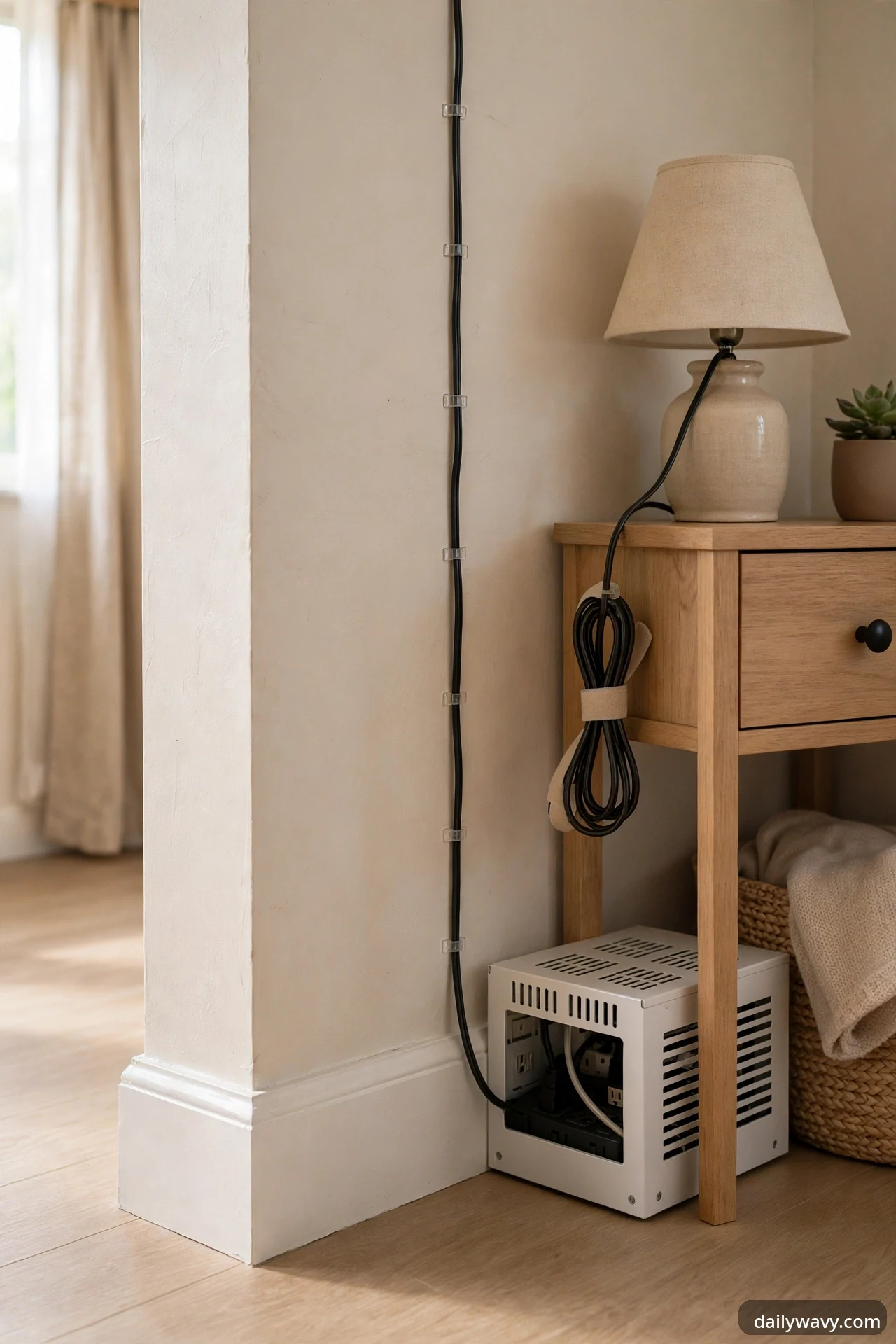 A tidy cable-routing setup with a black power cord clipped neatly down a wall corner into a ventilated white cable-management box beside a wooden nightstand.