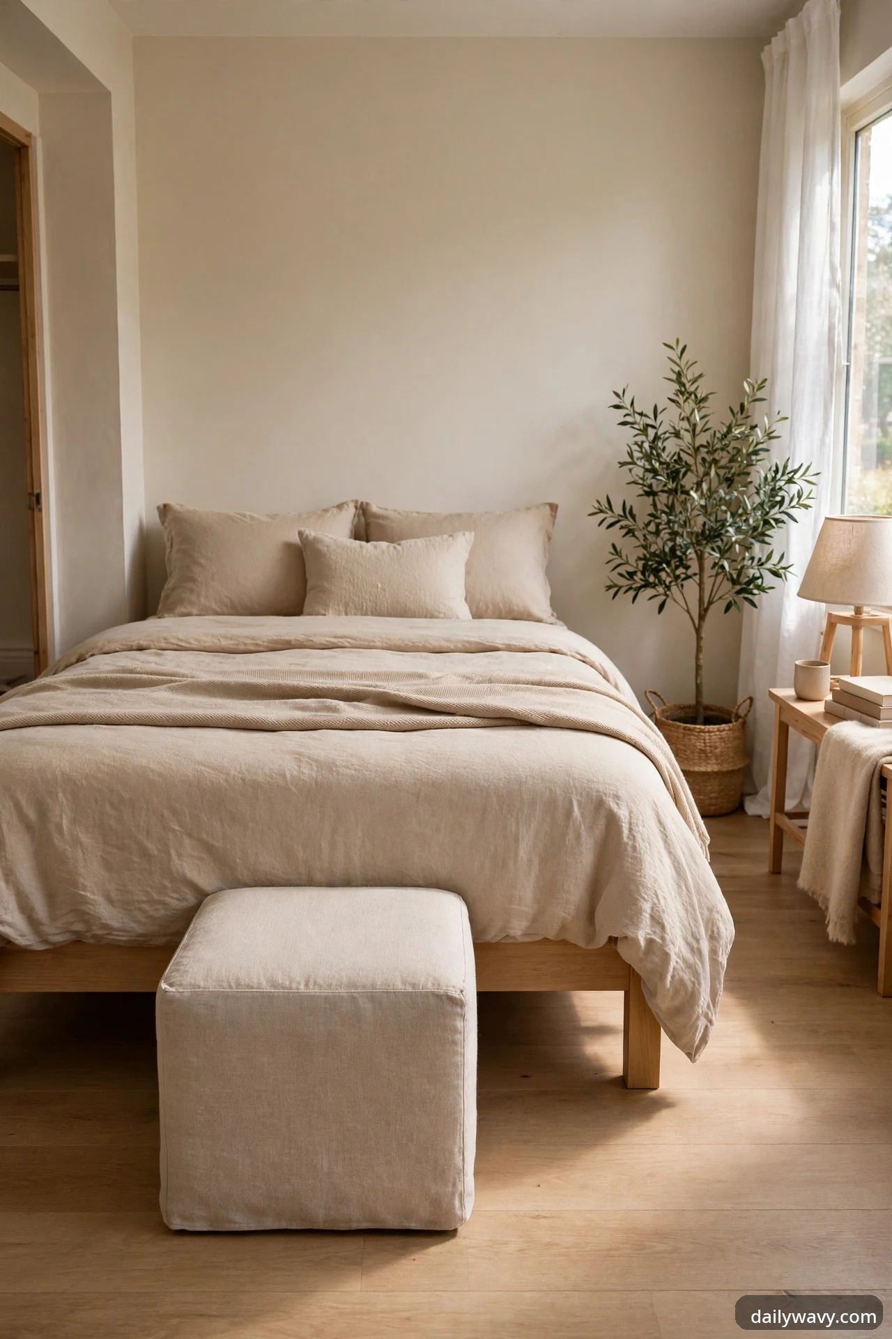 A rental bedroom with an upholstered neutral ottoman at the foot of a bed with beige linen bedding, an olive tree in a seagrass basket, and a wooden desk beside the window.