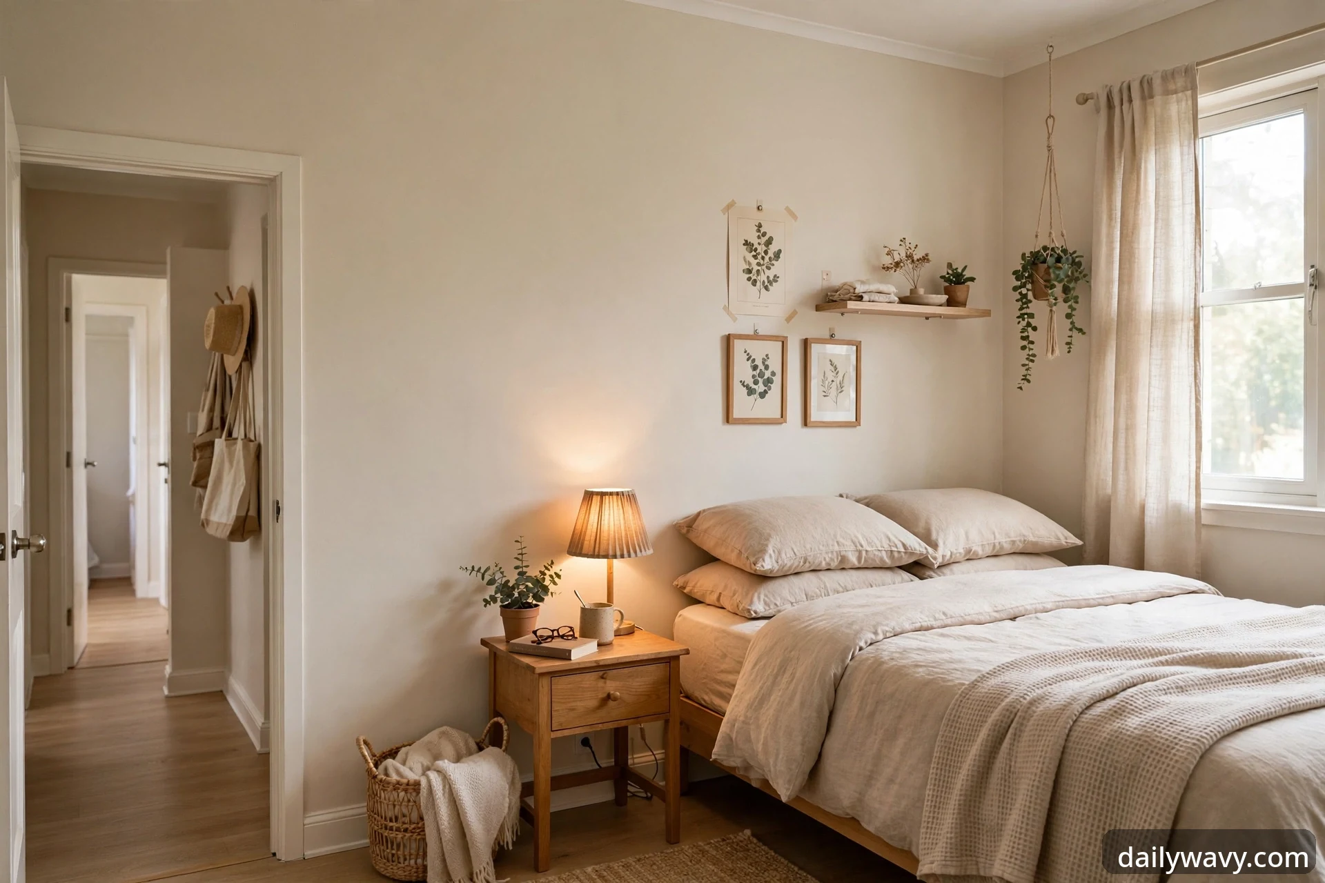 Wide view of a calm rental bedroom with a glowing plug-in lamp on a wooden nightstand beside a bed with neutral linen bedding, botanical prints above the nightstand, a small wall shelf, and a hanging pothos by a window with linen curtains.