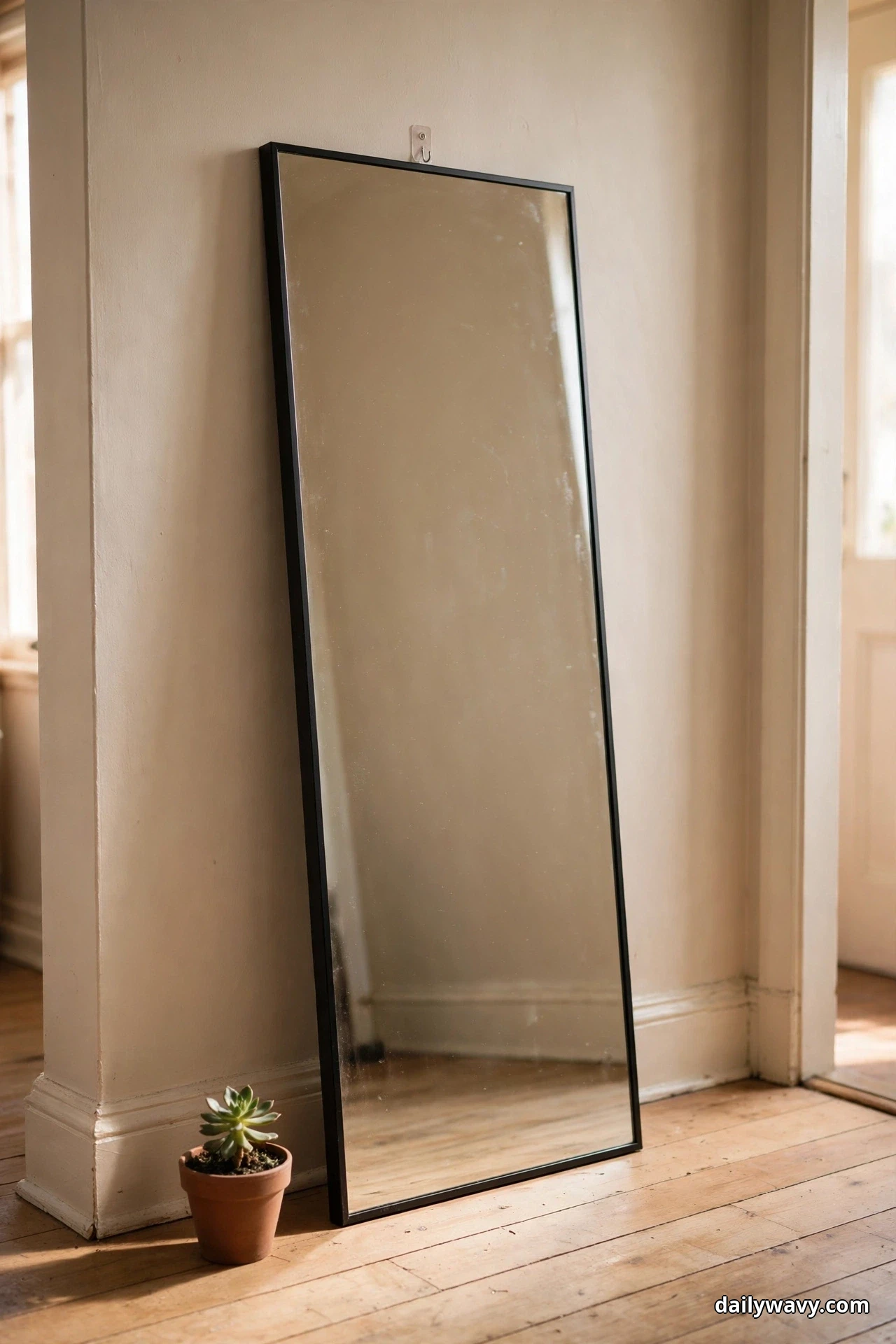 A tall black-framed full-length mirror leans against an entryway wall beneath a small adhesive hook, with the wood floor reflected in its glass