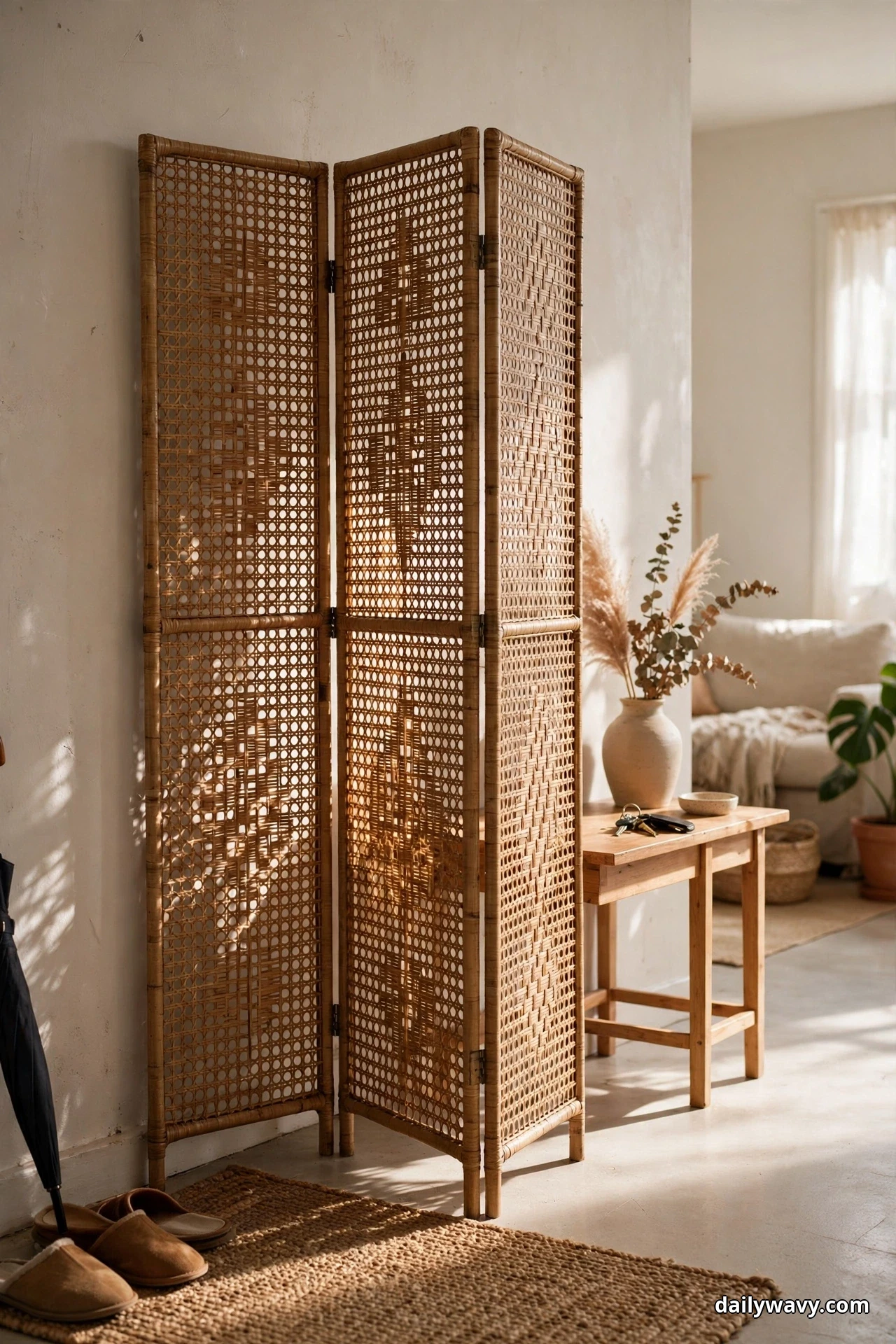 A three-panel rattan folding screen with an open cane weave stands at the edge of an entryway, letting light pass through its panels
