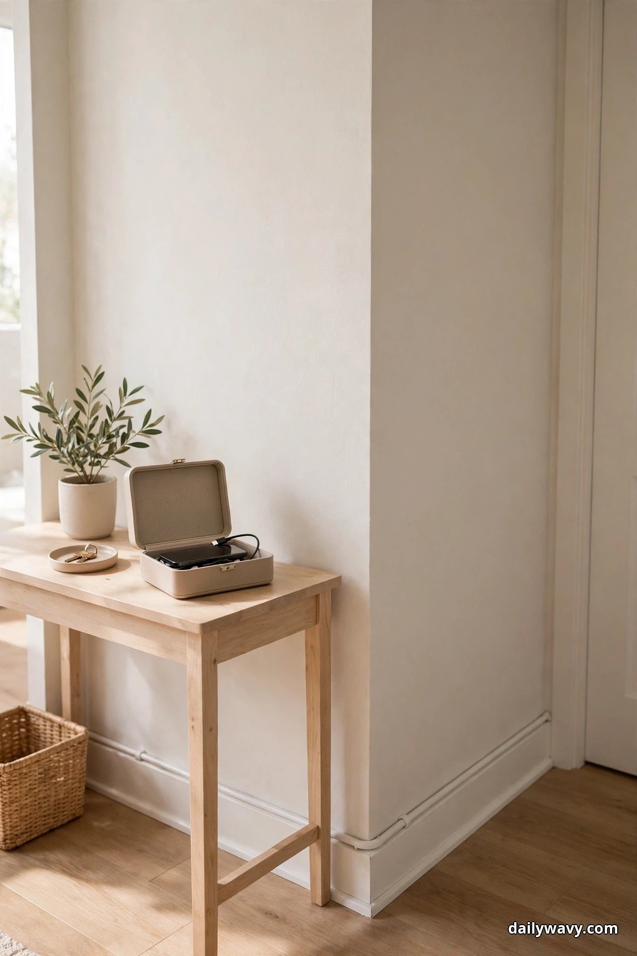 An open lidded charging box holding a phone and cable sits on a light wood console while a white cord cover runs along the baseboard below and around the corner