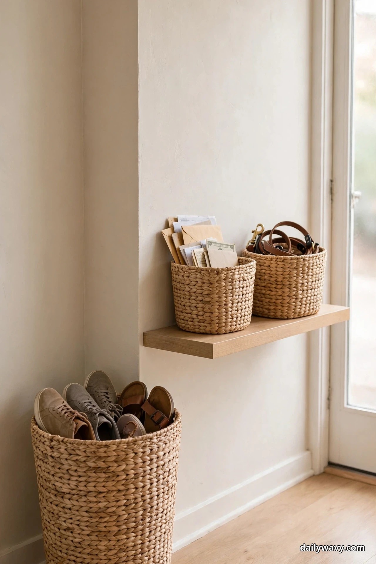 Two woven seagrass baskets on a wall shelf hold mail and dog leashes above a tall woven basket of shoes on the floor