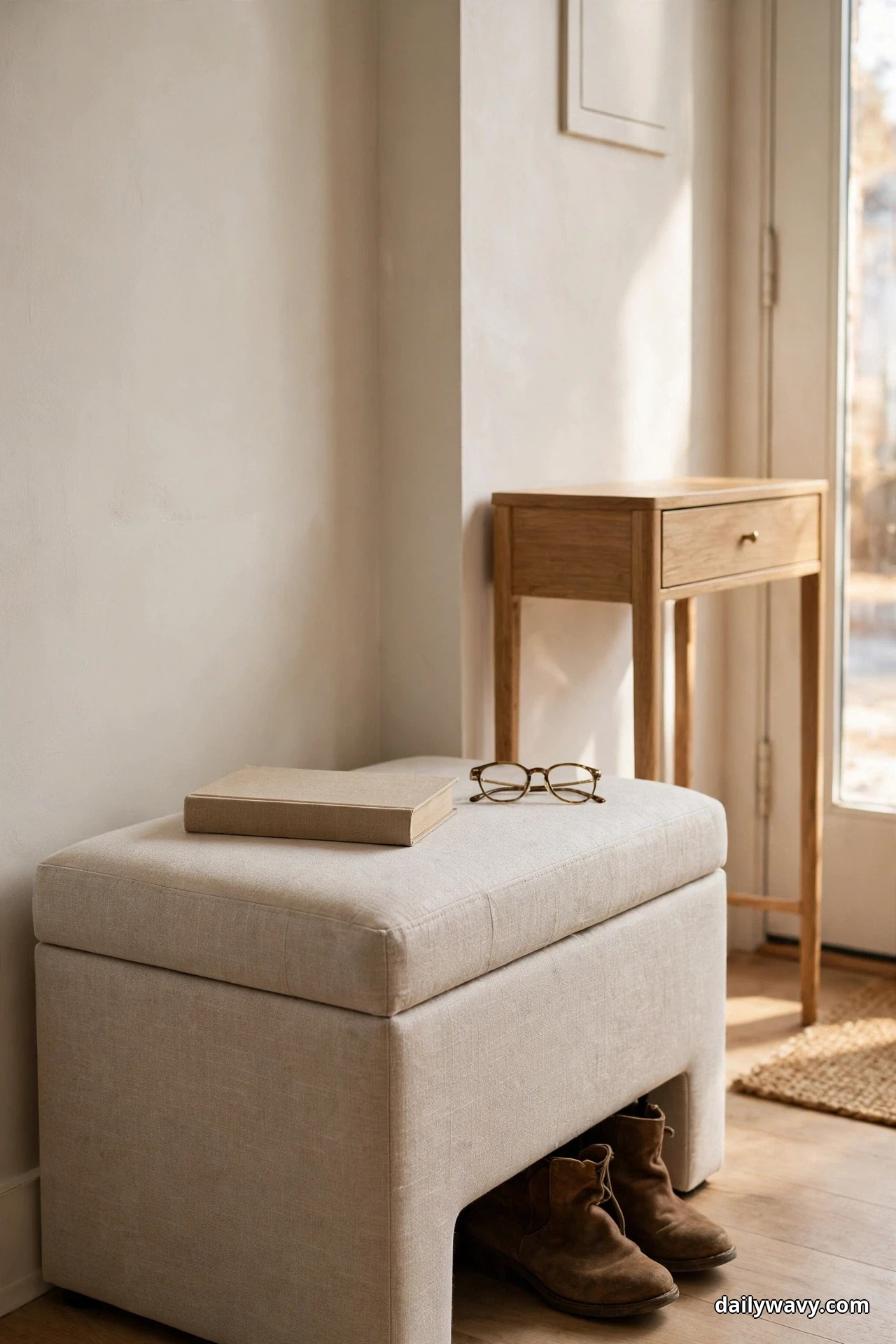 A light linen storage ottoman with a thick cushioned top stands against the wall of a bright entryway