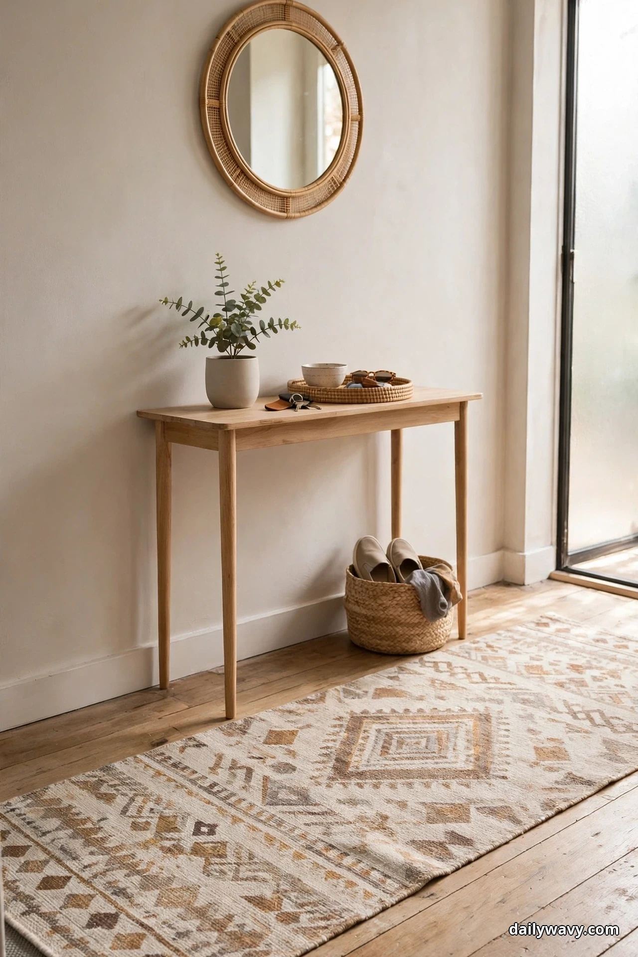 A patterned runner in warm neutrals with a medallion design lies across the wood floor of a bright entryway