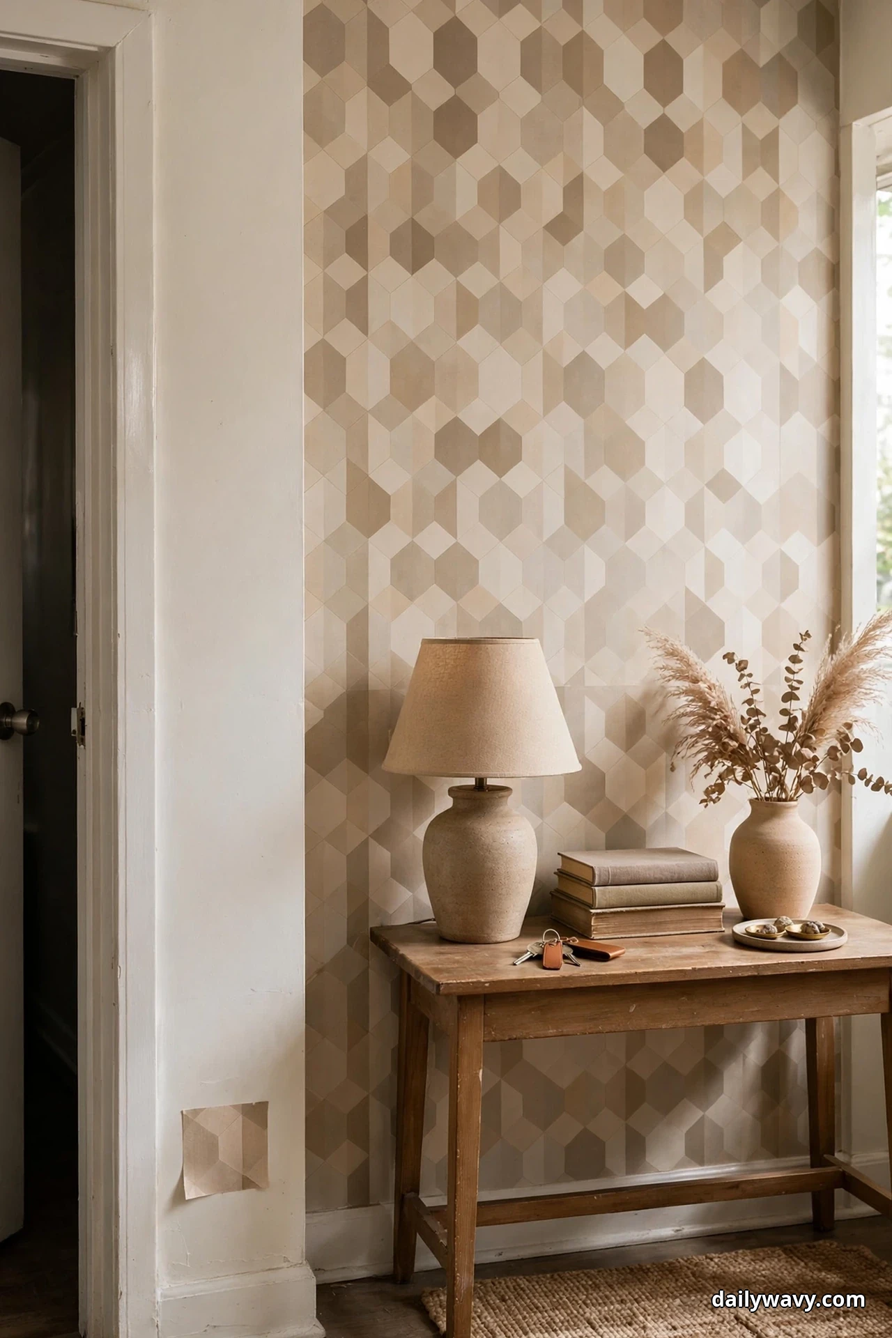 A soft geometric peel-and-stick wallpaper in beige tones covers an entryway accent wall, with a small test square of the same paper stuck on the plain wall beside it