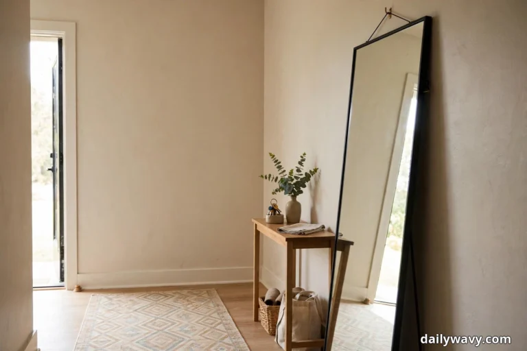 A tall black-framed mirror leans against the wall of a warm entryway beside a wooden console holding a vase of eucalyptus and a small key dish, with a patterned runner on the floor