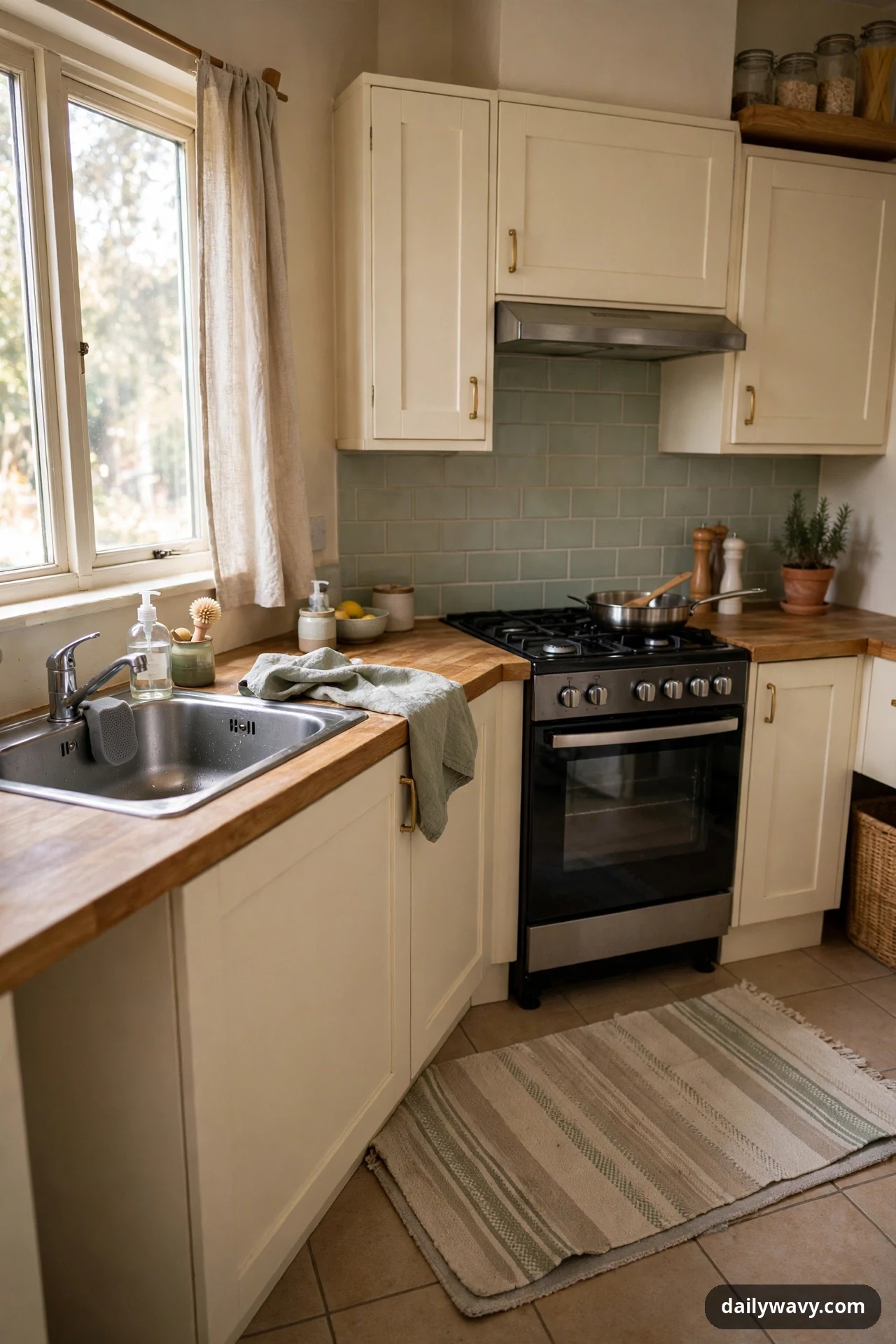 A closer view shows a striped low-pile runner rug lying on a pad over the tile floor in front of the sink and stove in a cream rental kitchen